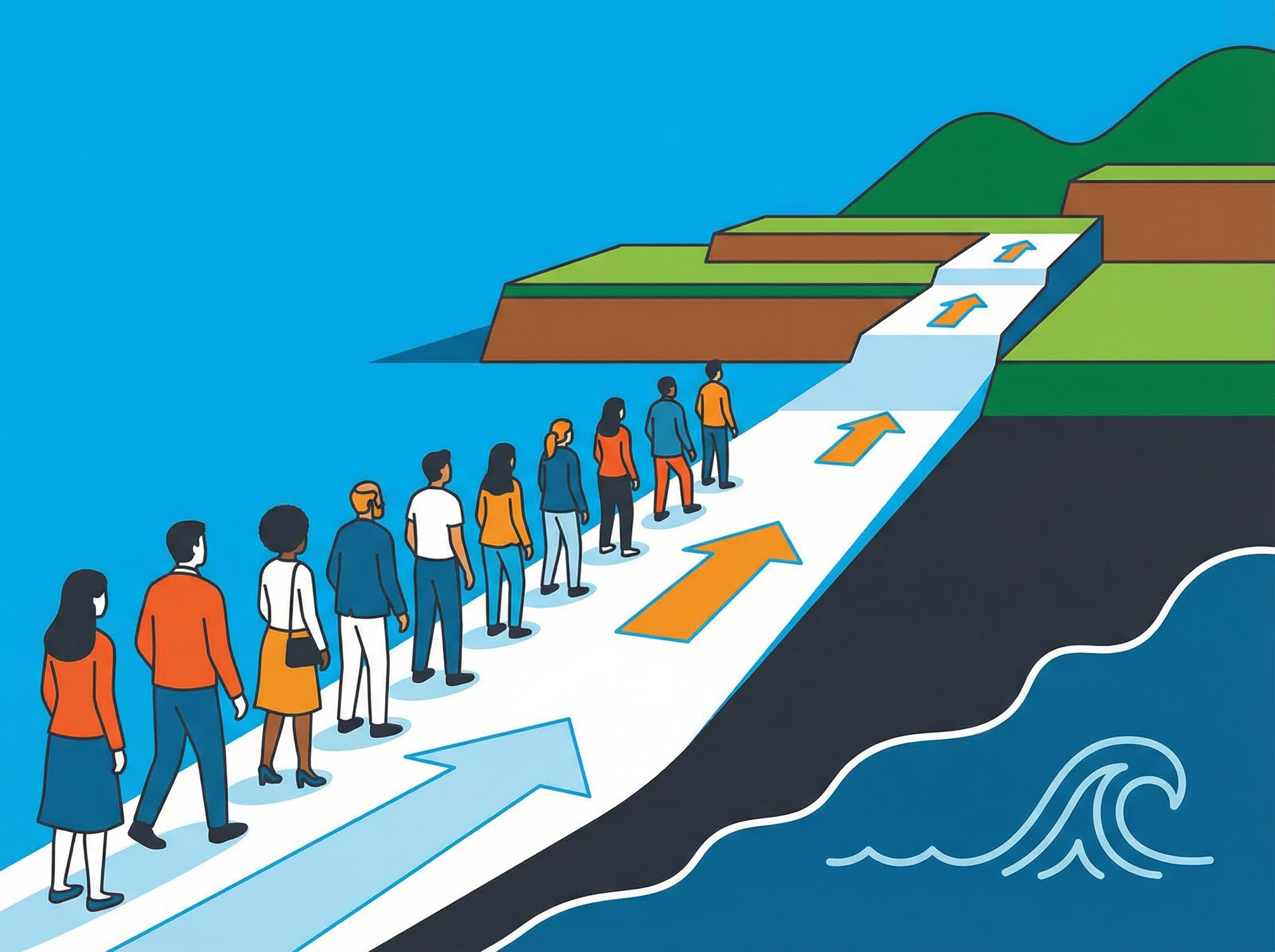 People evacuating calmly to higher ground away from the coastline, with a clear path and visible elevated areas, showing a sense of urgency but order, informational style, clean infographic, modern layout, high contrast, aspect ratio 4:3, no visible text, no Korean text