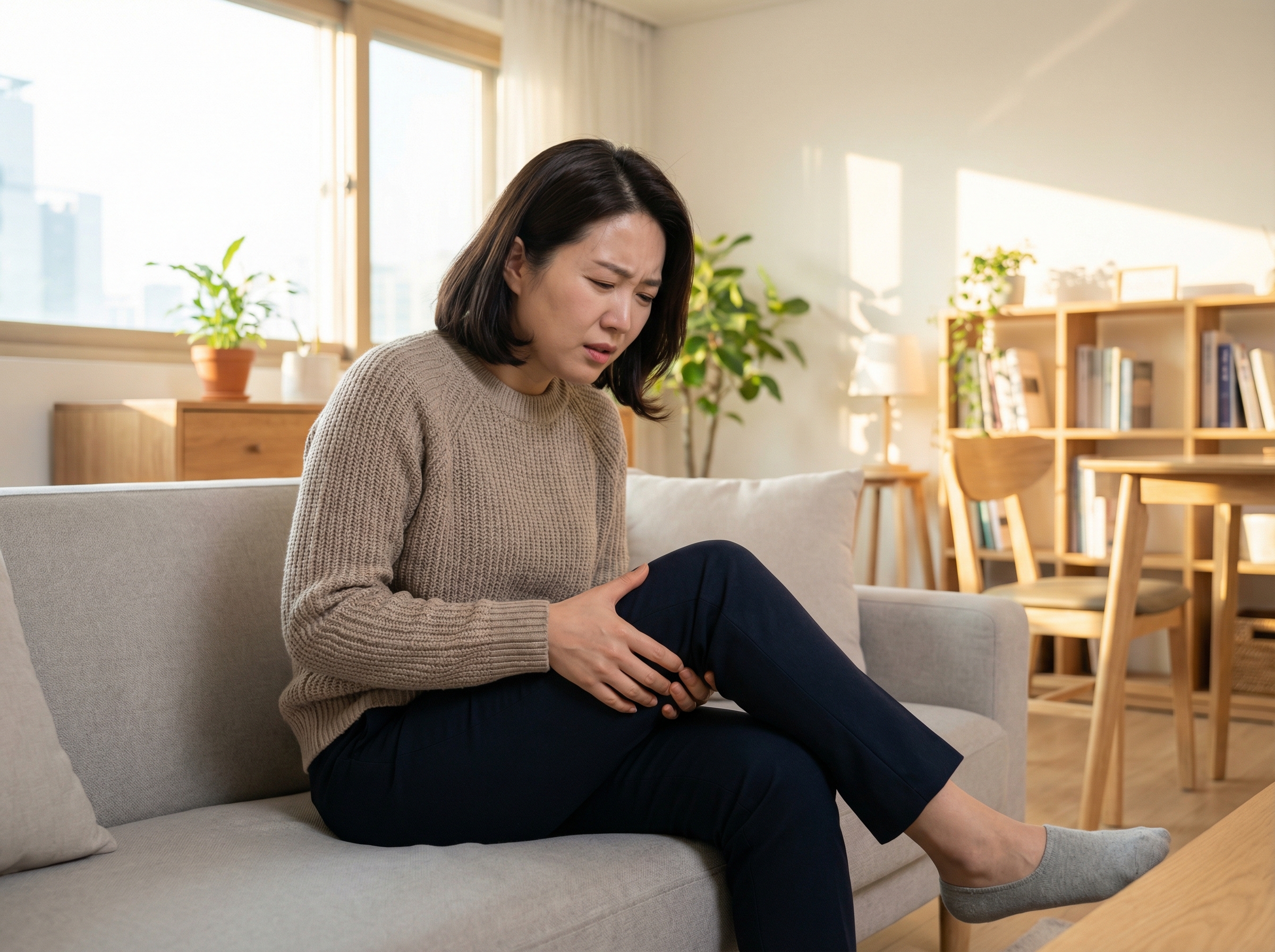 A person, Korean, experiencing sharp pain in their left thigh while sitting, looking concerned. The background is a clean, modern living room. Informational style, warm lighting, natural setting, aspect ratio 4:3, no visible text.