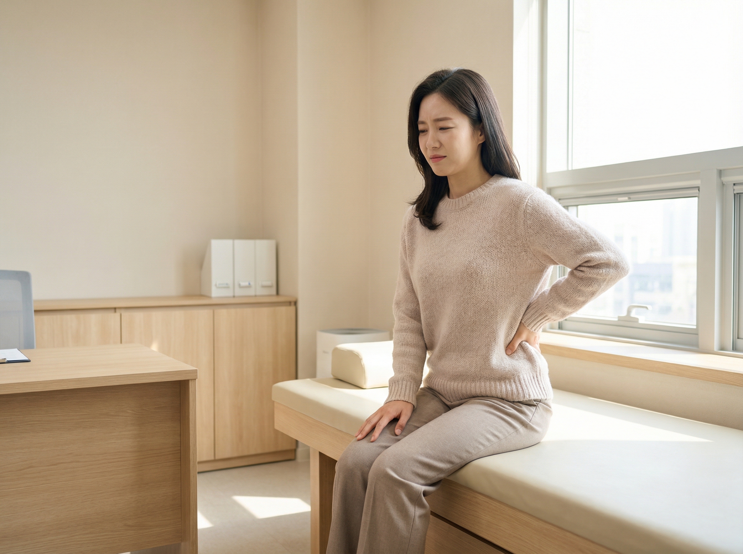 A Korean person gently touching their lower back and thigh, indicating pain. The setting is a bright, neutral-toned doctor's office. Lifestyle photography style, soft natural lighting, full frame composition, aspect ratio 4:3, no visible text.