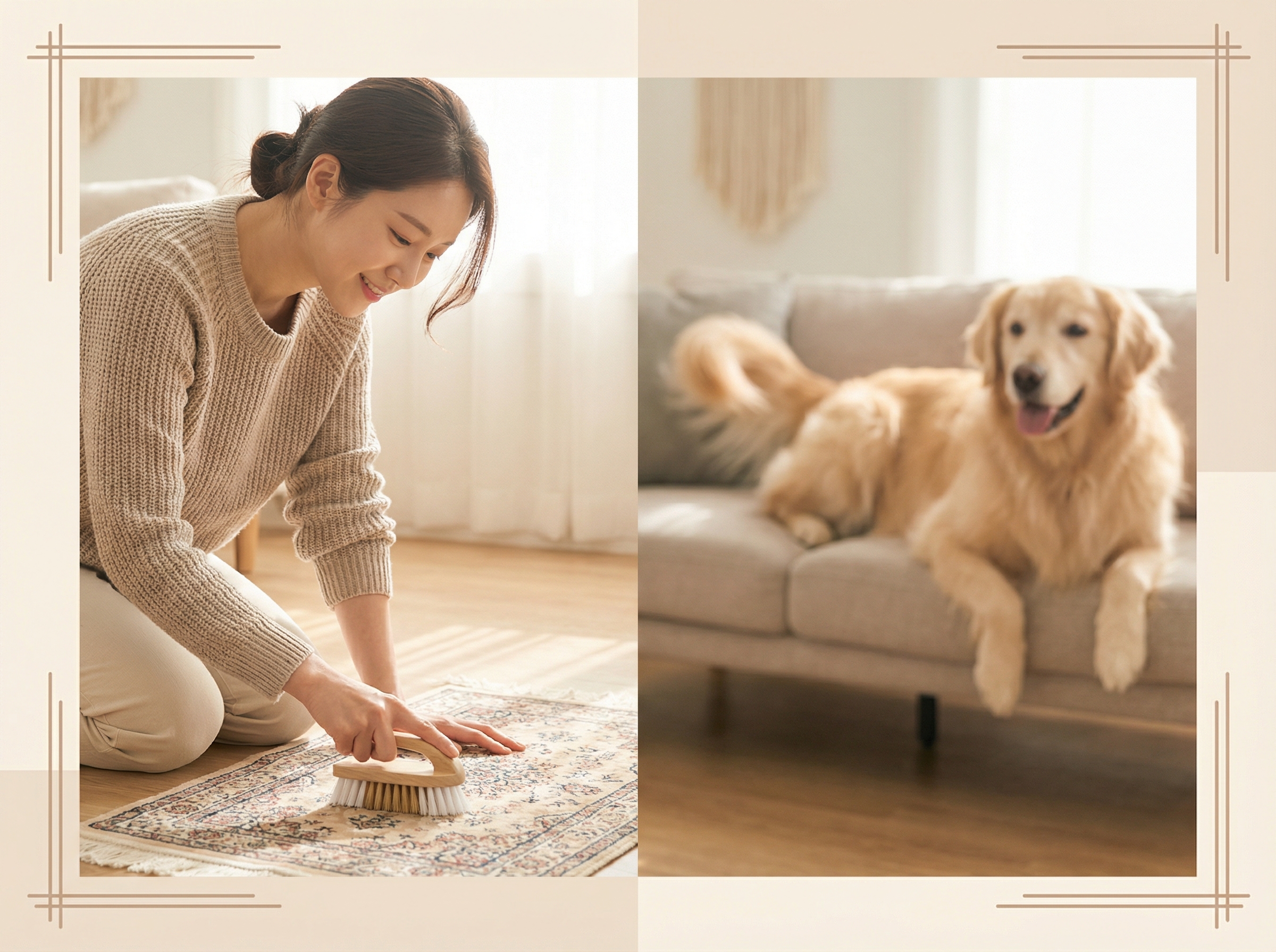 A Korean woman gently cleaning a section of a pet's bed or a rug, with a happy dog in the background. Or a pet being gently bathed. Lifestyle photography, warm lighting, natural home setting, clean infographic style. 4:3 aspect ratio, no visible text.