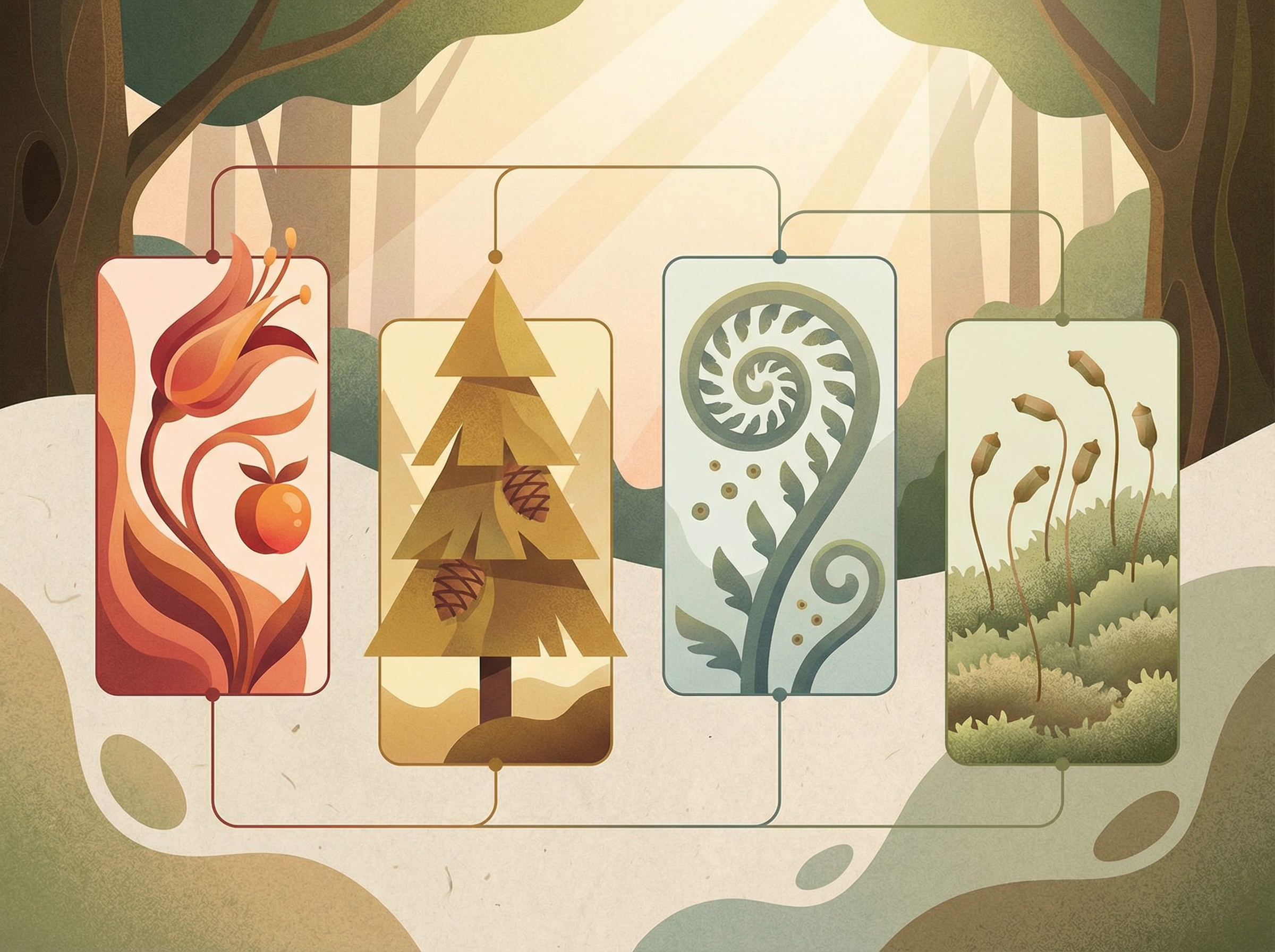 A conceptual illustration depicting the four main classifications of plants - angiosperms, gymnosperms, ferns, and mosses - with abstract representations of each type. Use clean lines and a modern infographic style, soft, warm lighting, natural setting, textured background, no visible text, 4:3 aspect ratio.