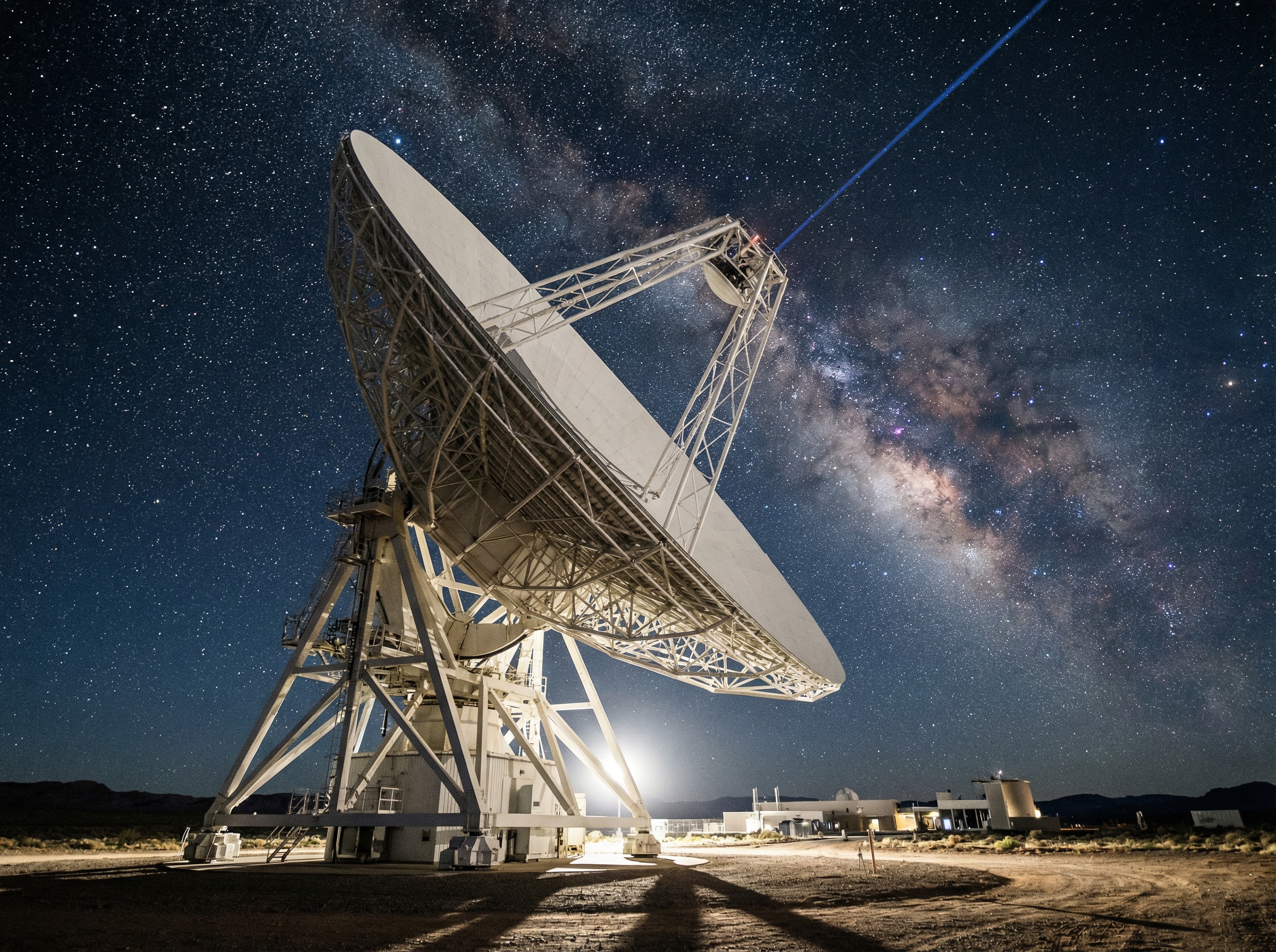 A large, modern radio telescope dish pointing towards the night sky, symbolizing the search for extraterrestrial intelligence (SETI). Informational style, high contrast, no visible text, 4:3 aspect ratio.