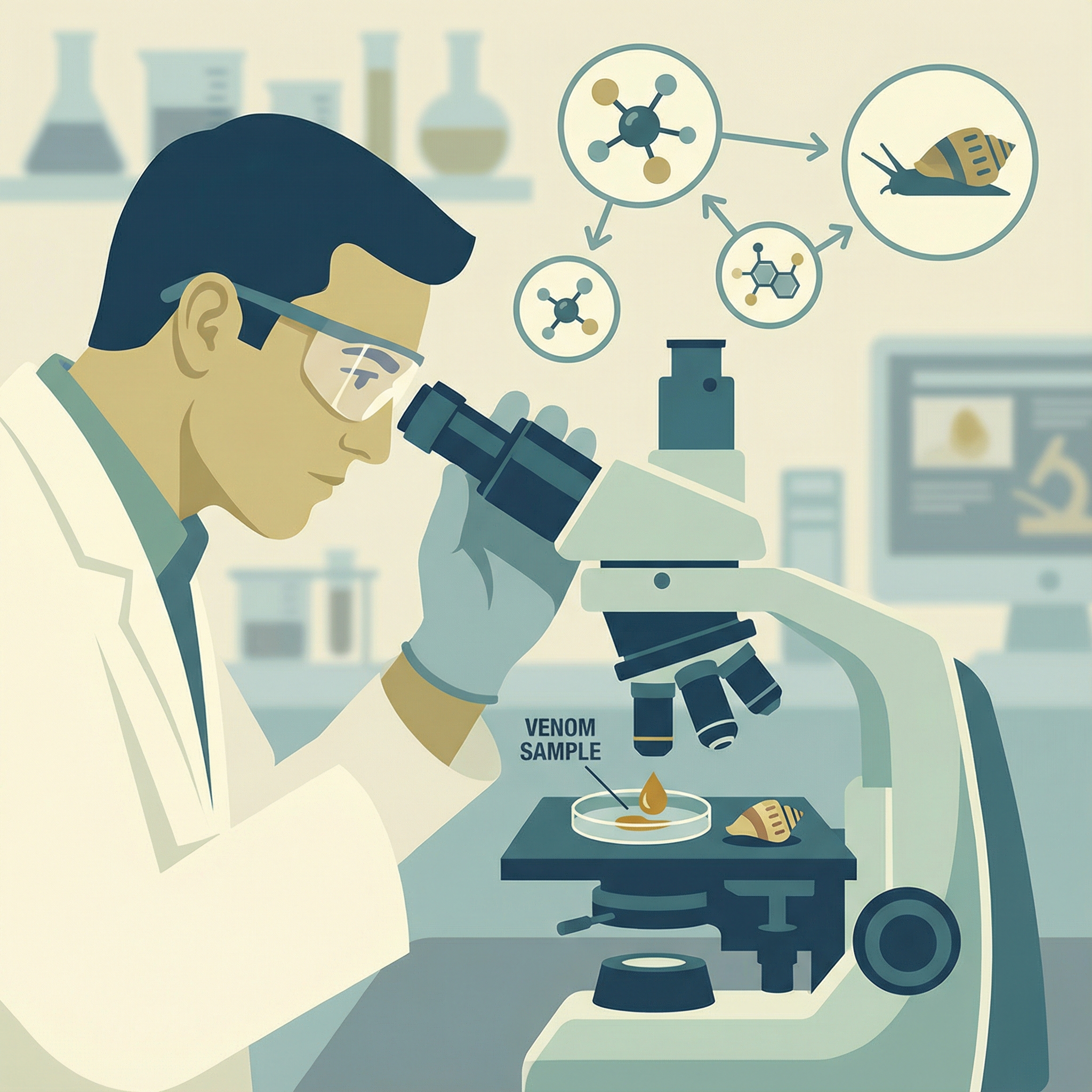 An informational infographic style image of a scientist in a lab coat examining a sample of cone snail venom under a microscope. The background features blurred lab equipment. Aspect ratio 1:1, no visible text.