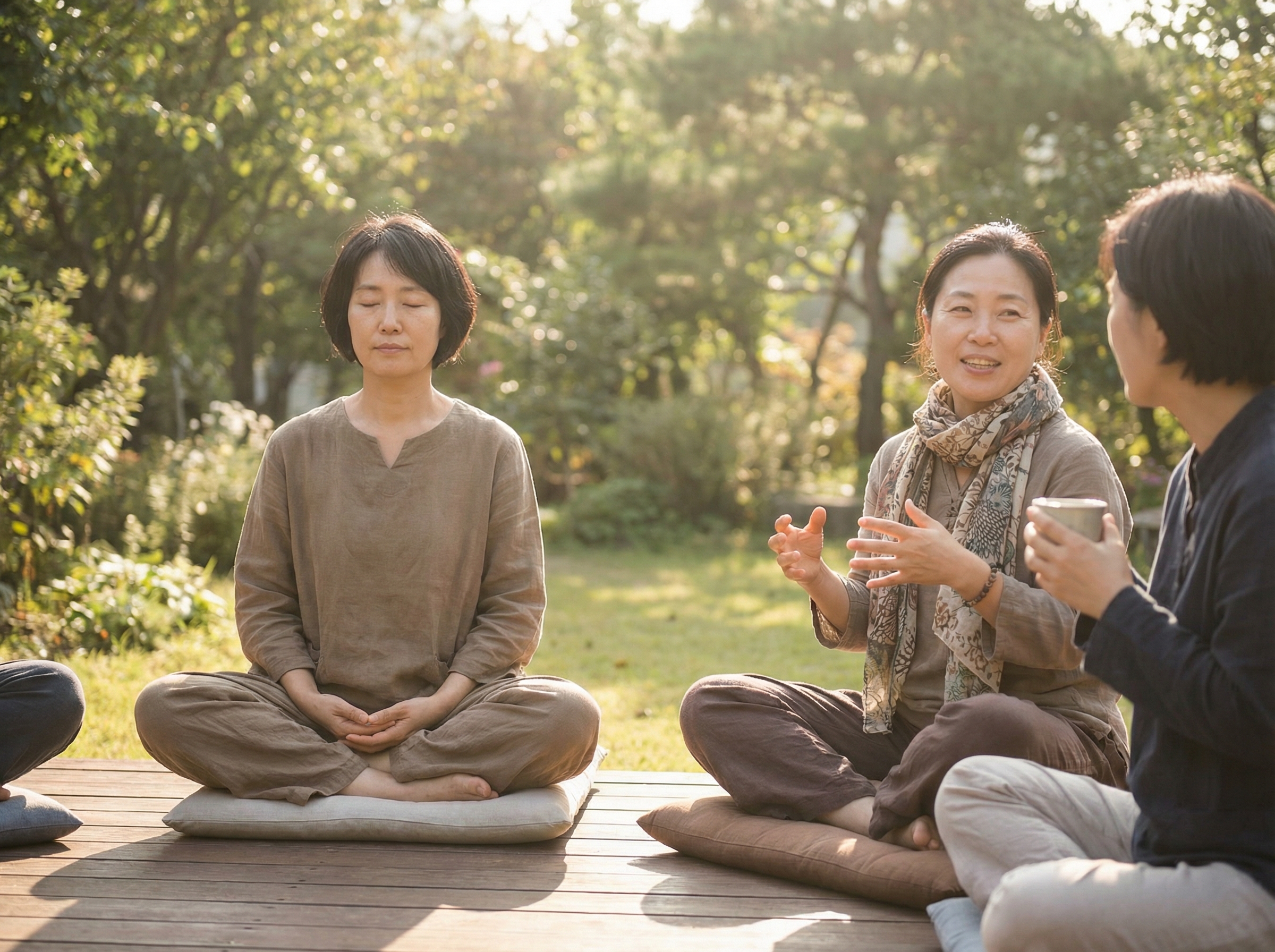 An informational style image of a person practicing meditation or talking to a friend, emphasizing stress relief and emotional expression for Hwabyung management, warm lighting, natural setting, Korean appearance, no visible text, aspect ratio 4:3.