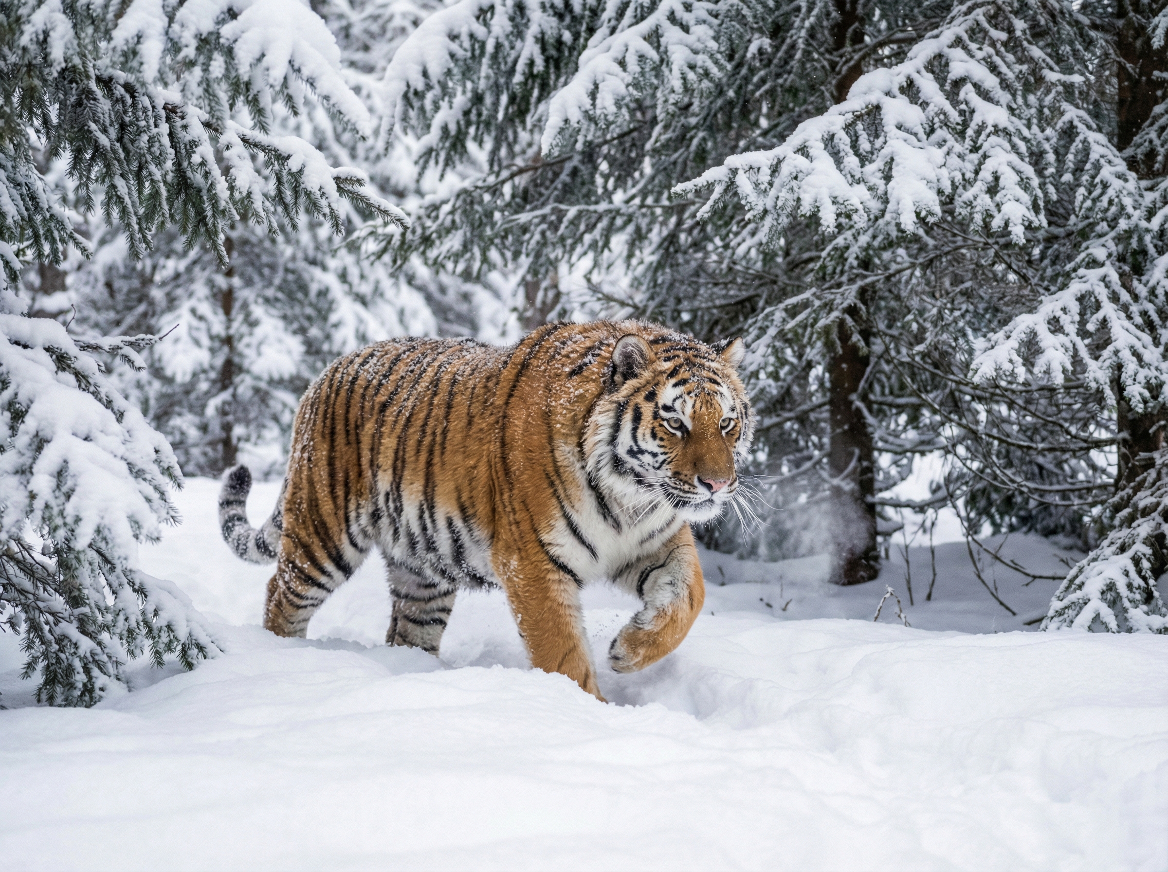 A powerful Siberian tiger with thick fur, walking gracefully through a deep snow-covered taiga forest, hunting in the cold winter. Realistic, dynamic pose, no visible text, aspect ratio 4:3.