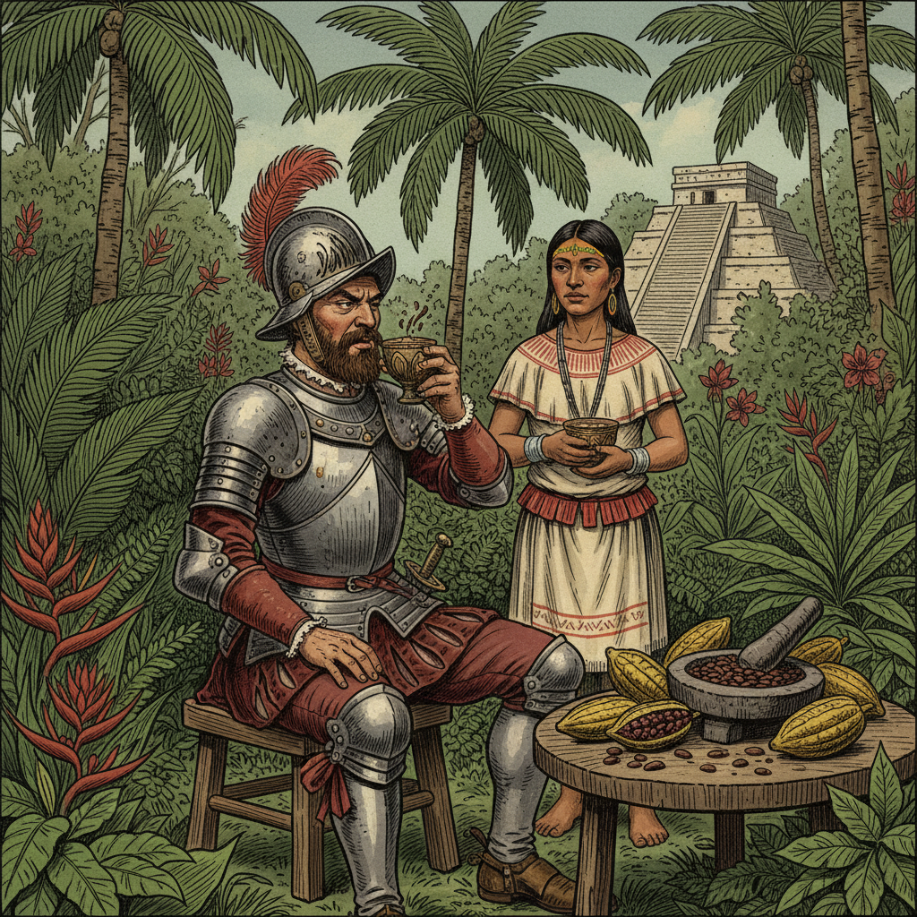 An illustration in a history/culture style, showing a 16th-century Spanish explorer in traditional attire tasting a bitter cacao drink in the Americas. The background features lush tropical plants. Aspect ratio 4:3, no visible text.