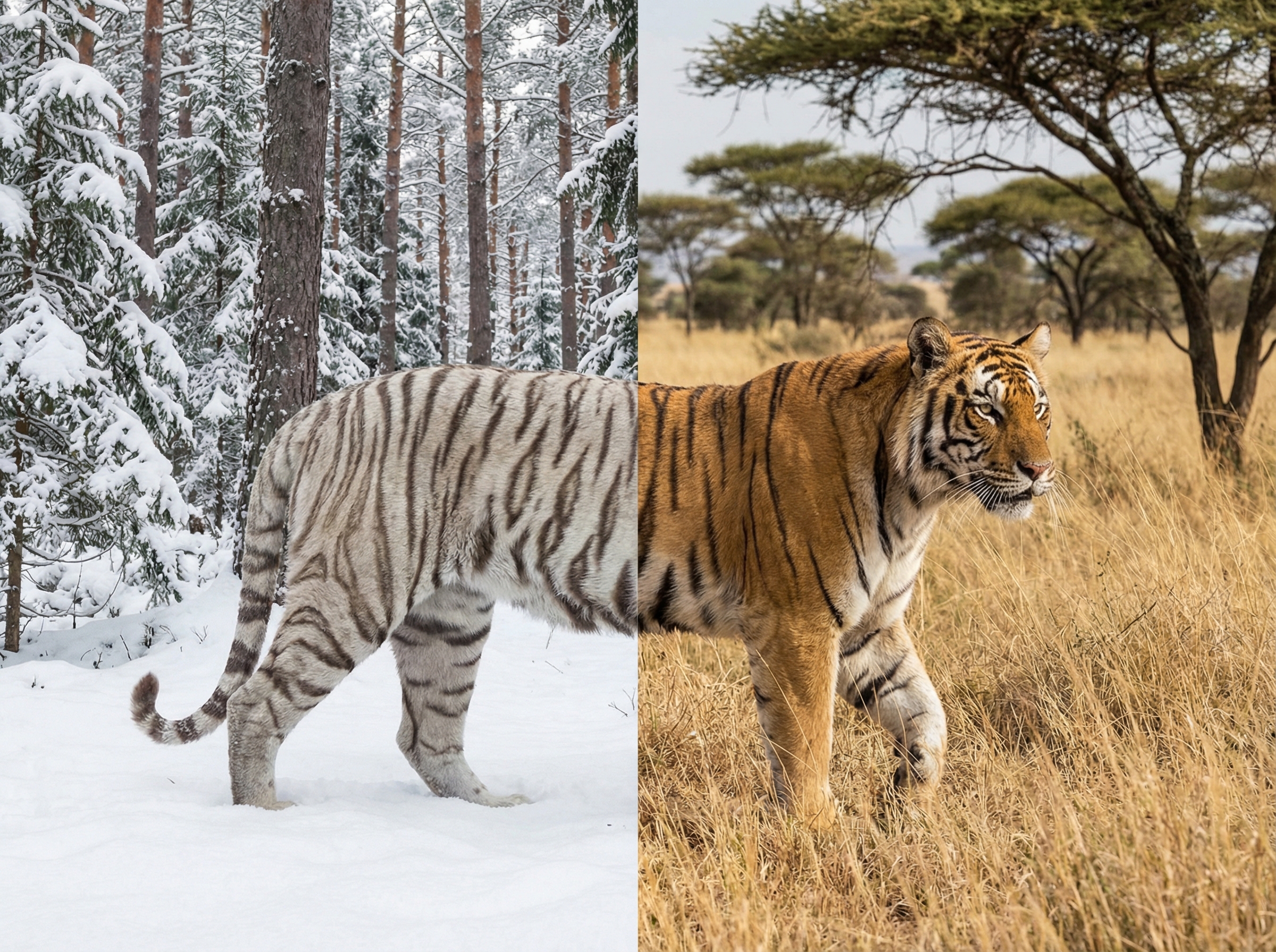 A split image showing a tiger blending into two distinct environments: one side with a snowy, pine forest background, the other side with a dry, grassy savanna background. The tiger's fur color and patterns should subtly shift to match each background for perfect camouflage. Realistic, high contrast, no visible text, aspect ratio 4:3.