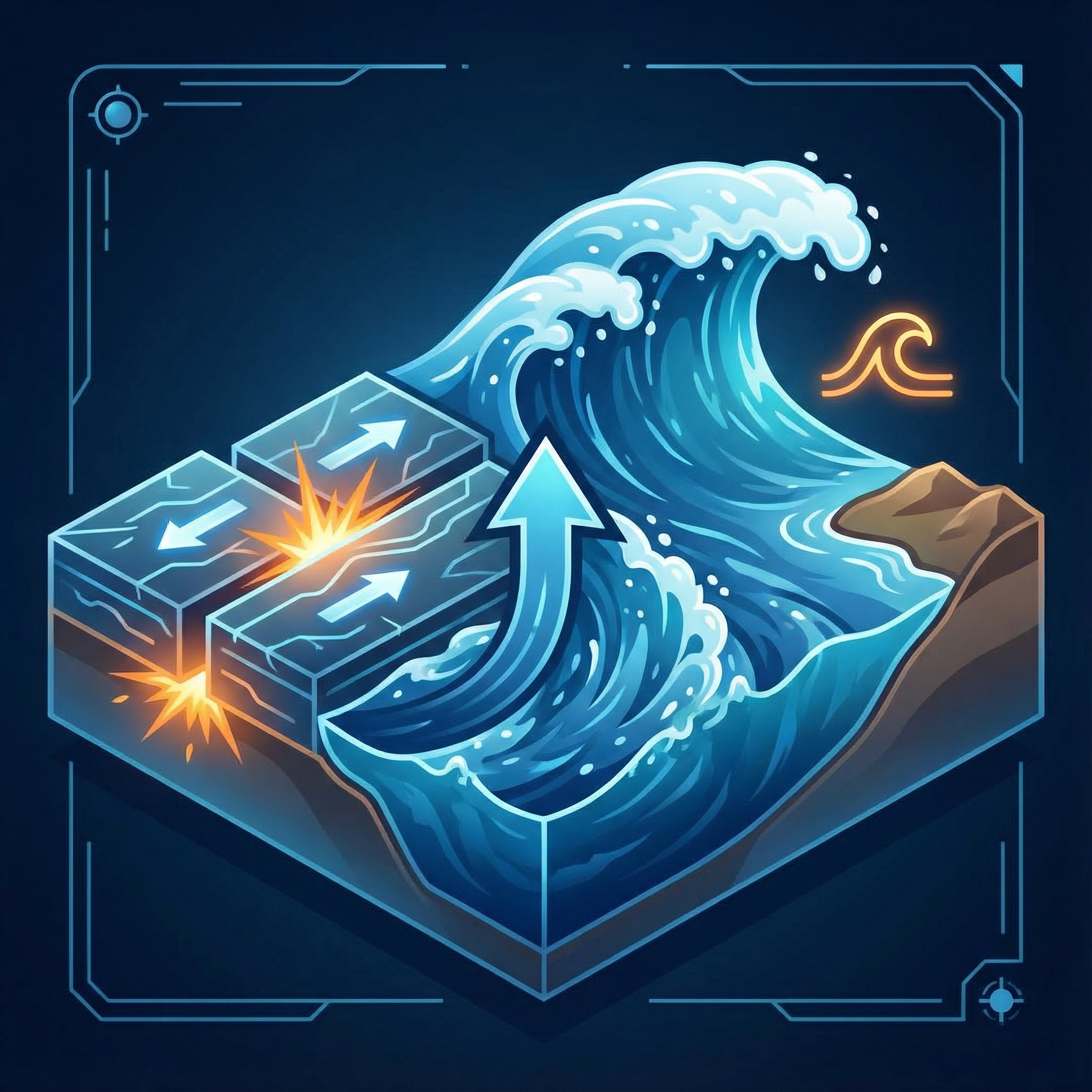 An underwater seismic event, depicting tectonic plates shifting and causing a massive displacement of water, leading to tsunami formation, informational style, clean infographic, modern layout, high contrast, aspect ratio 1:1, no visible text, no Korean text