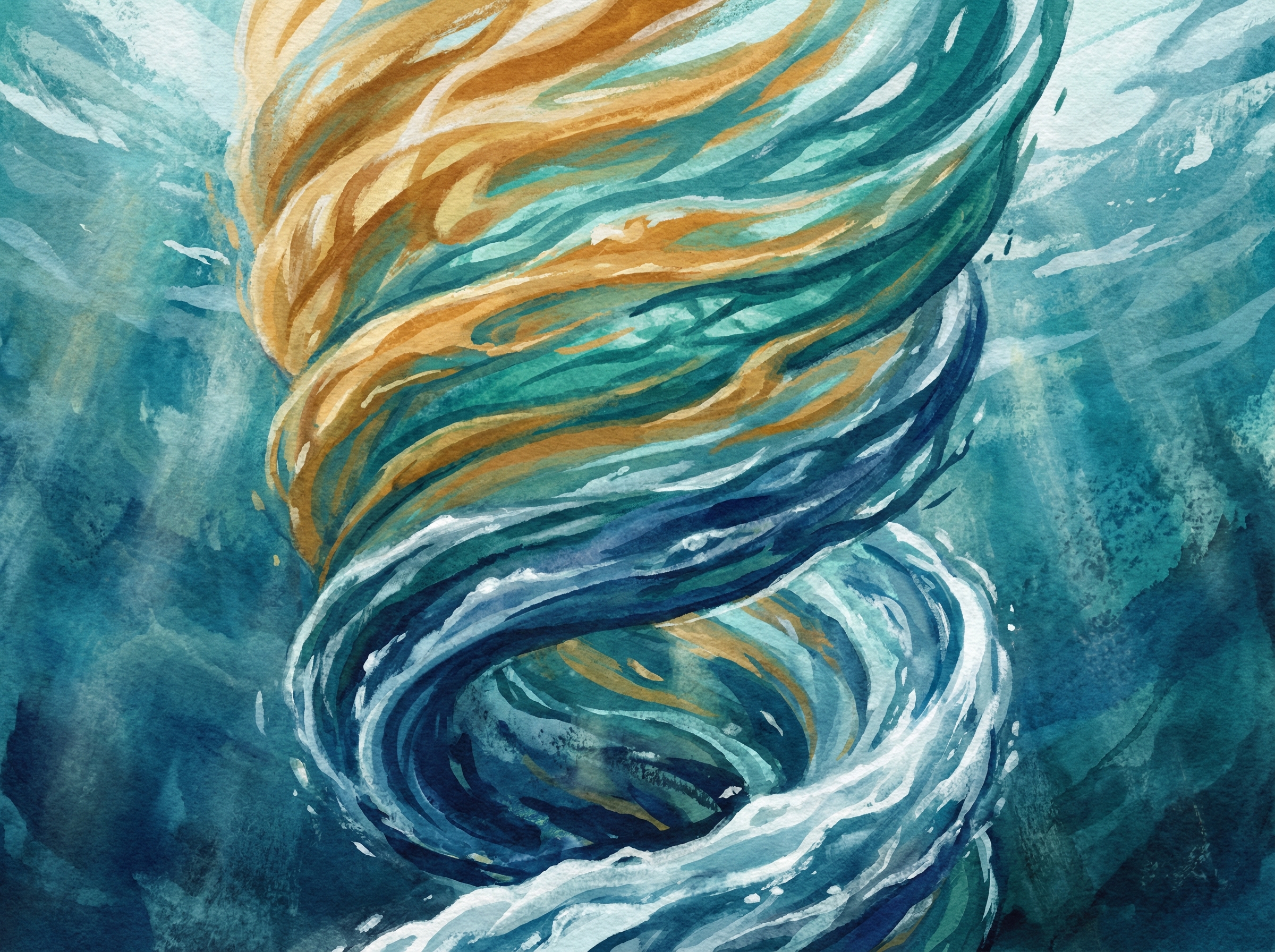 Warm and cold water mixing creating a vertical swirl in the ocean, showing distinct layers of water with subtle rotation, illustration style, artistic rendering, textured background, aspect ratio 4:3, no visible text.