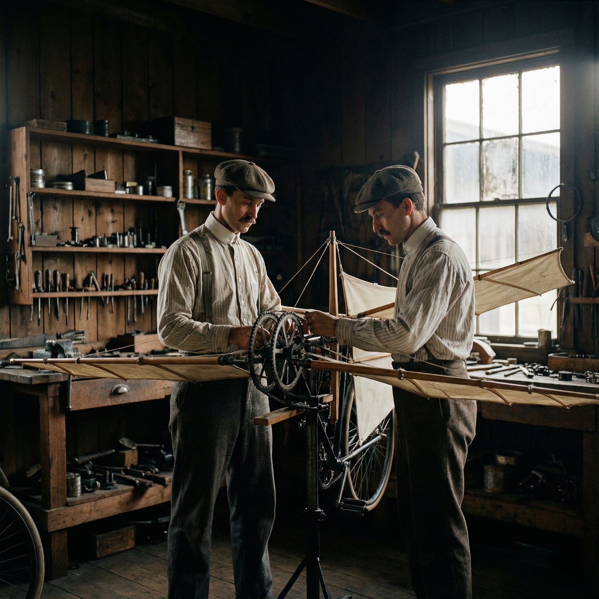 The Wright brothers, wearing period appropriate clothing, working on a complex mechanism with bicycle parts and early flight elements in a dimly lit, functional bicycle repair shop. Tools and spare parts are neatly organized on shelves. Informational style, 1:1 aspect ratio, no visible text.