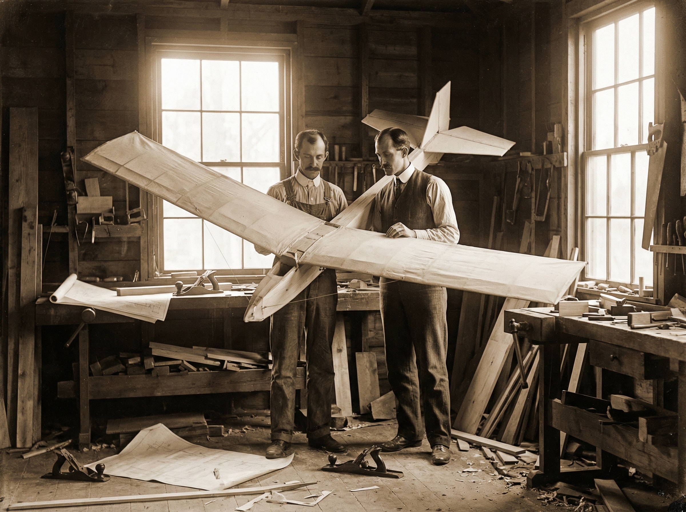 Two young men, the Wright brothers, intently examining an early model of a glider with simple fabric wings in a workshop. The setting is a rustic workshop with tools scattered around, soft natural light streaming in. Historical/Culture style, 4:3 aspect ratio, no visible text.