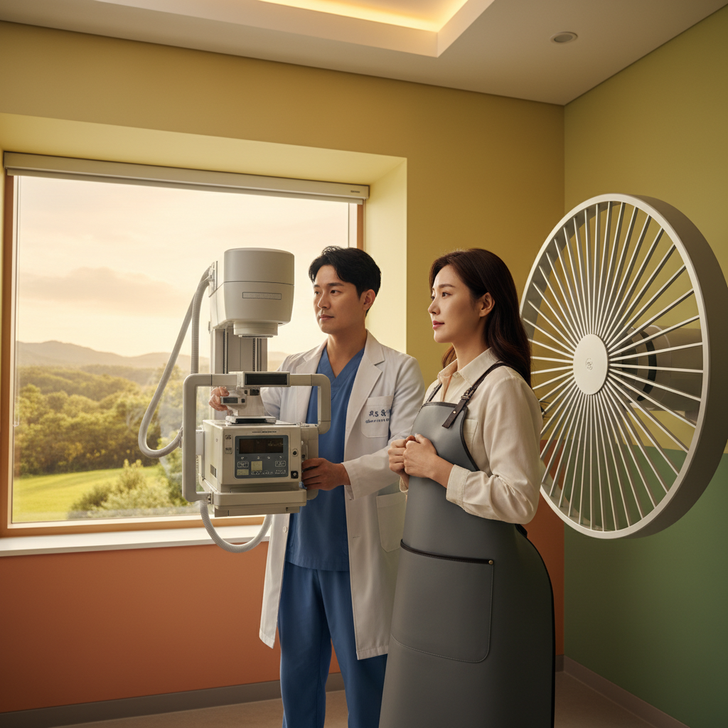 A realistic depiction of a patient wearing a lead apron during an X-ray examination, with a professional medical staff member operating the equipment, warm lighting, natural setting, colored background, Korean appearance, no text