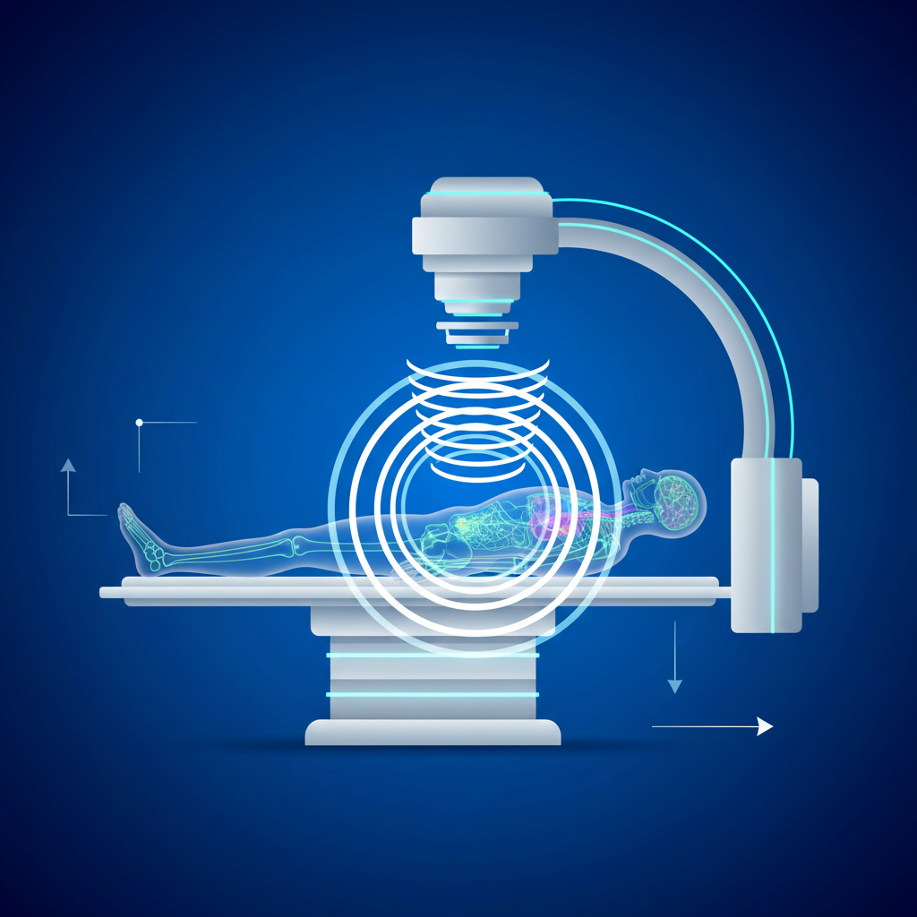 A clean infographic showing a person undergoing an X-ray examination, with a focus on the machine and the body scan process, modern layout, high contrast, colored background, no text