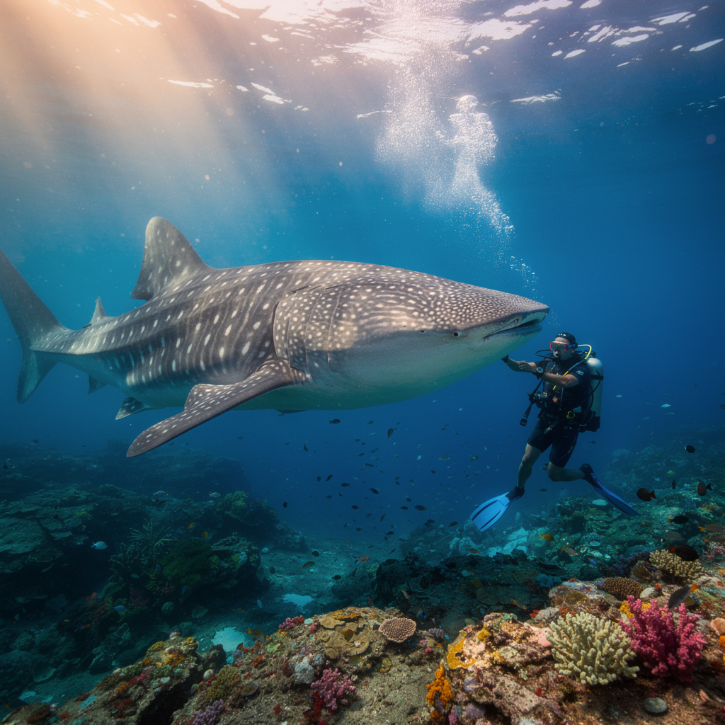 flux 2 pro a title 거대한 몸집의 고래상어