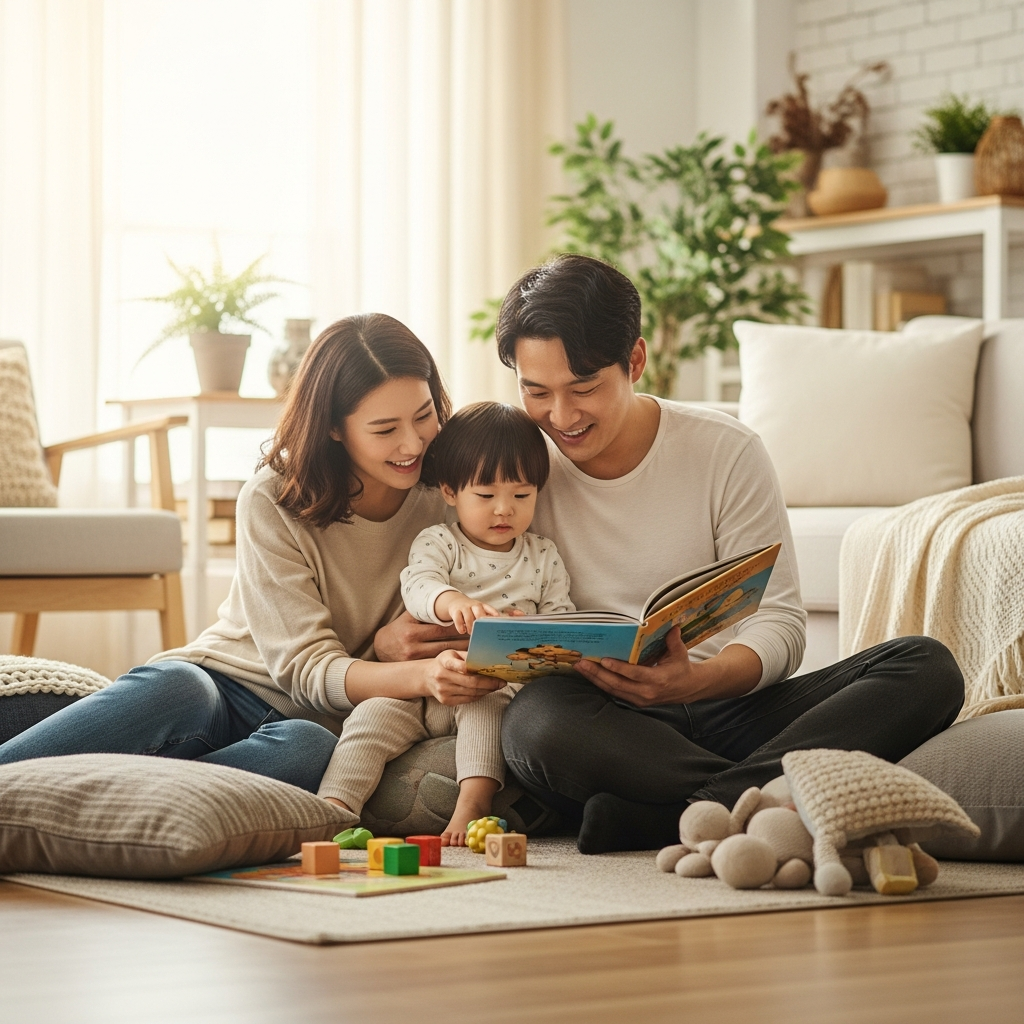 imagen 4.0 ultra generate 001 a title 부모와 아이가 함께 책