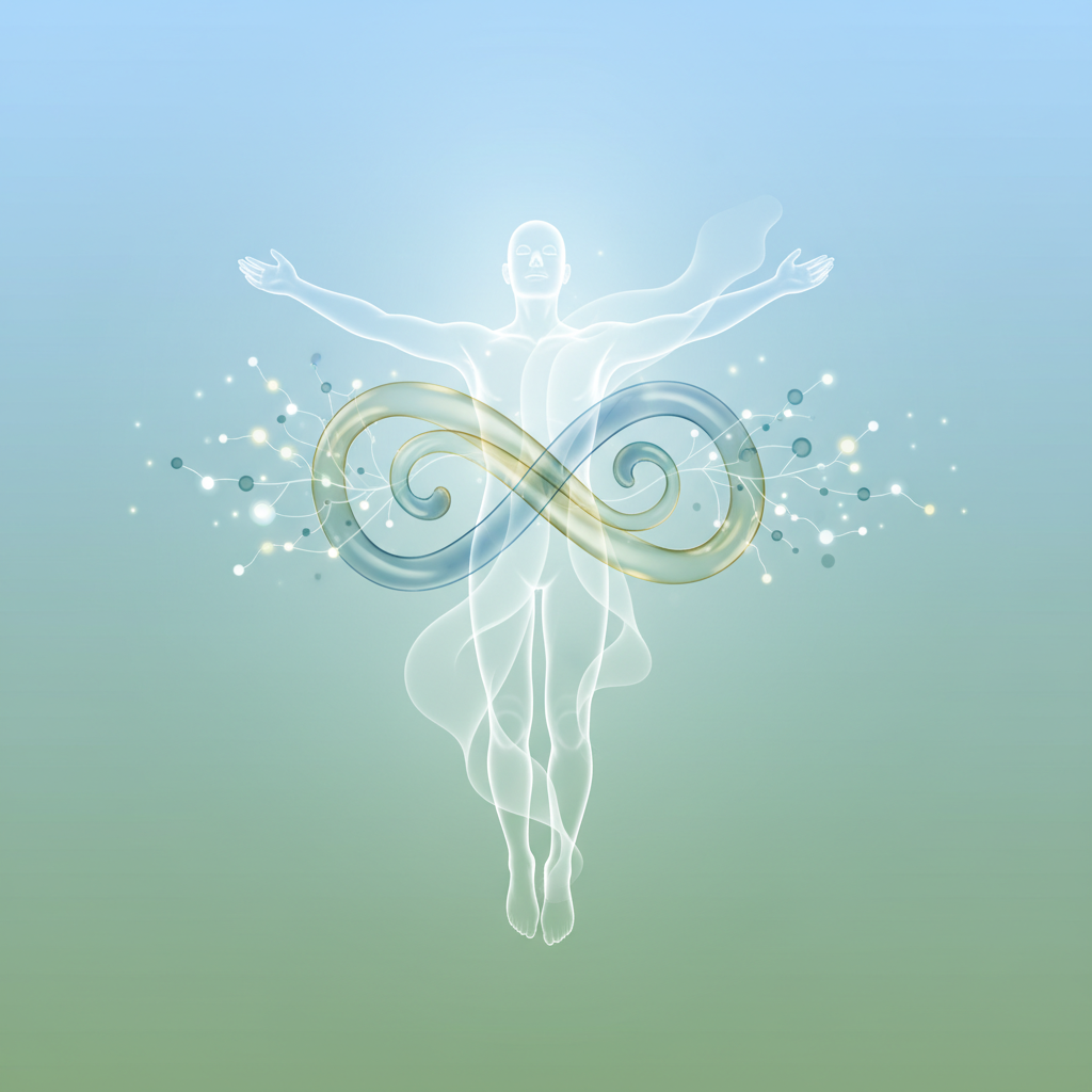 Modern infographic style image illustrating a person feeling light and healthy, with subtle graphic elements representing balanced cholesterol levels or clear blood vessels. Soft blue and green gradient background. Clean layout, high contrast, no text.