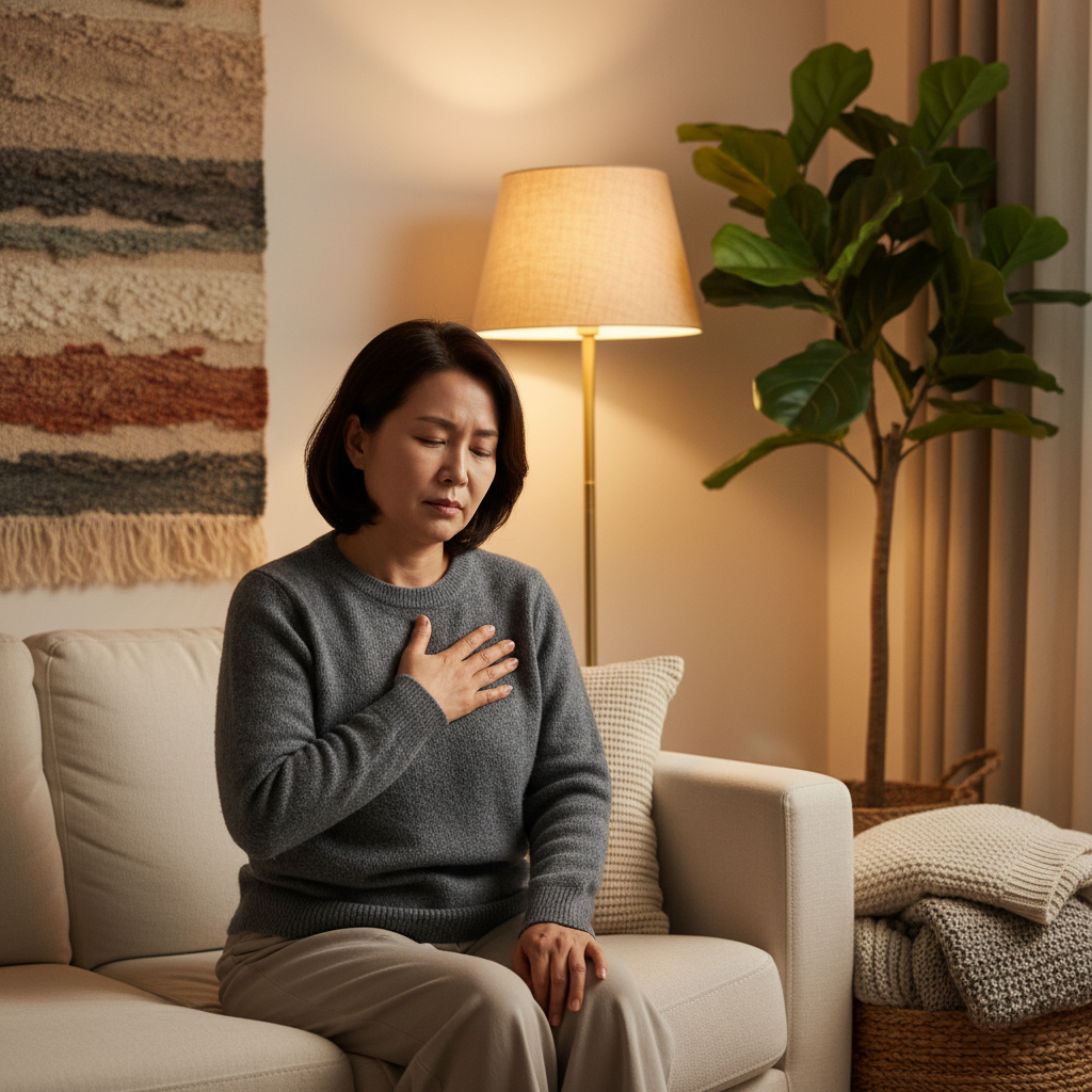 A lifestyle photograph of a Korean person in their 50s experiencing mild chest discomfort, hand gently pressed to chest. The setting is a cozy, natural living room with soft, warm lighting. Textured background, no visible text.