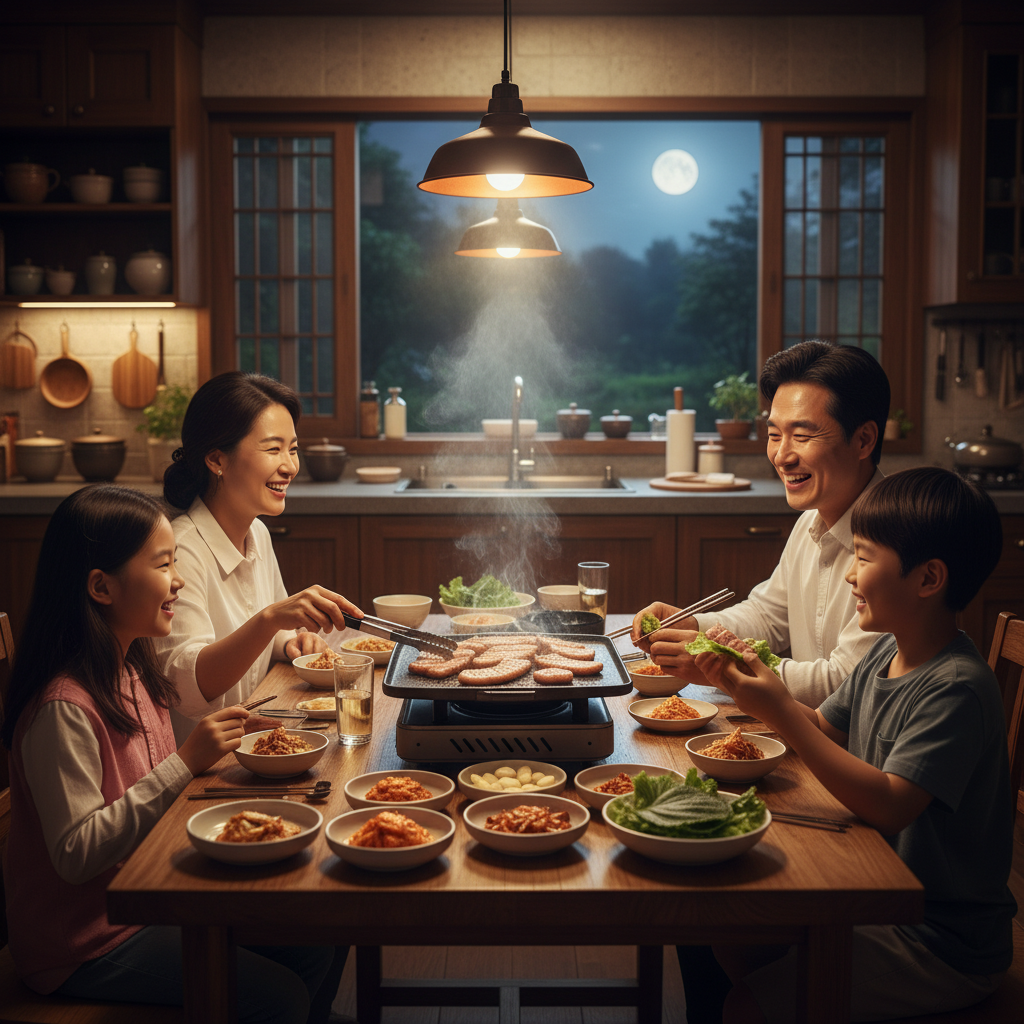 A family enjoying grilled pork belly at home, warm lighting, cozy kitchen background, Korean appearance, natural expression, no text