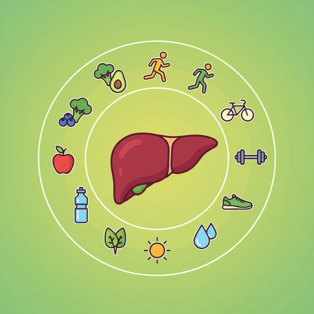 A vibrant and clean infographic style illustration representing liver health with a human liver graphic in the center, surrounded by elements of healthy food and active lifestyle, on a gradient green and yellow background. Bright, balanced lighting, no visible text.