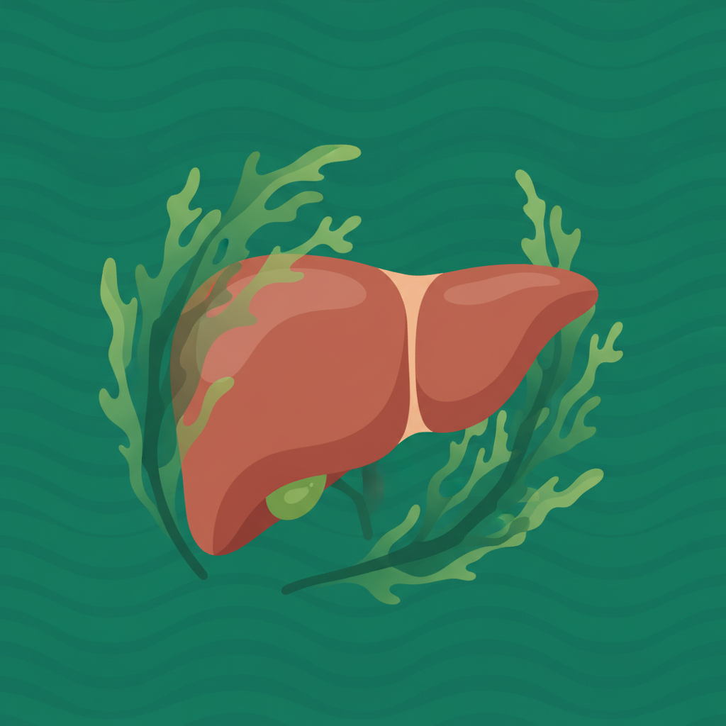 A vibrant, clean infographic showing a stylized human liver organ being gently protected by a layer of green Seaweed Fulvescens, against a textured emerald green background, modern layout, high contrast, no text