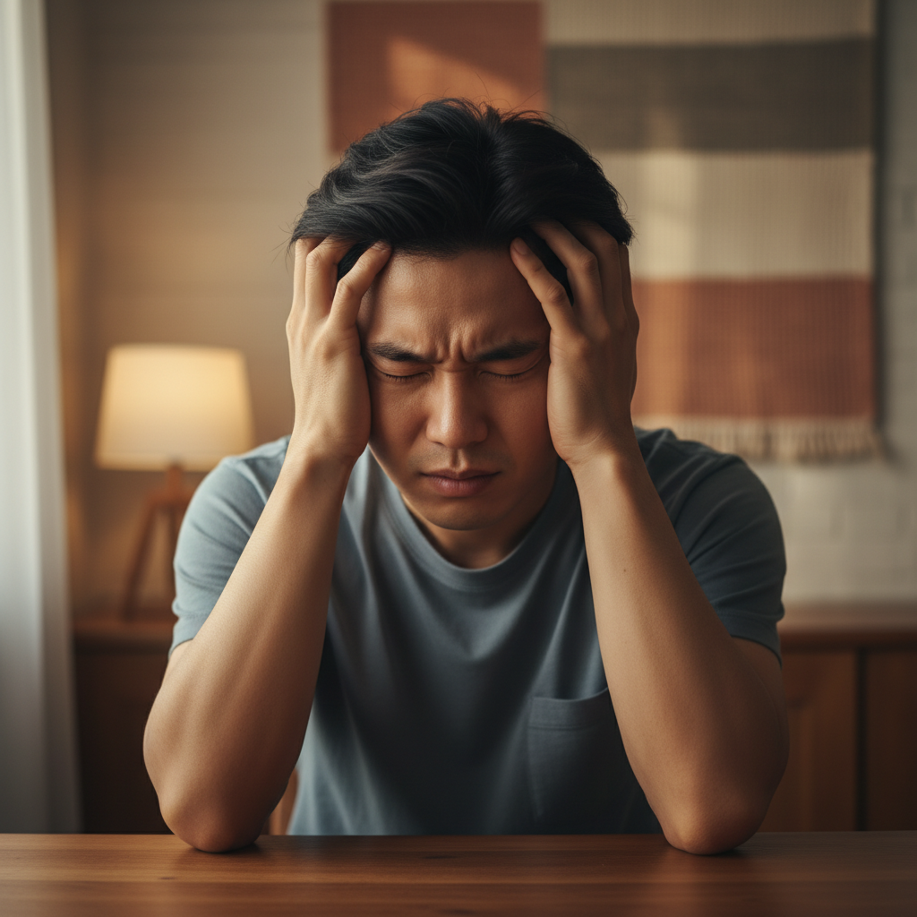 A Korean person looking distressed and overwhelmed by repetitive thoughts, with their head in their hands, in a subtle, warm-lit room with a textured background. No visible text, lifestyle photography, natural expression, centered focus.