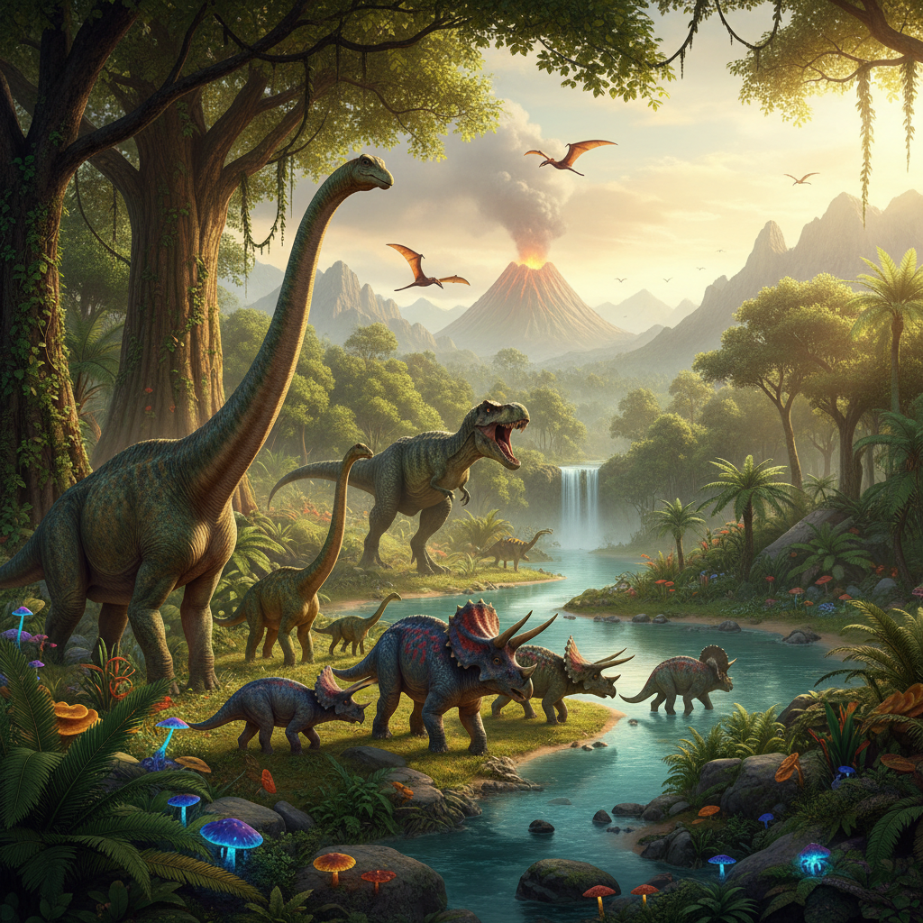 Majestic dinosaurs roaming a lush, prehistoric landscape, vibrant colors, warm sunlight, textured background, no text
