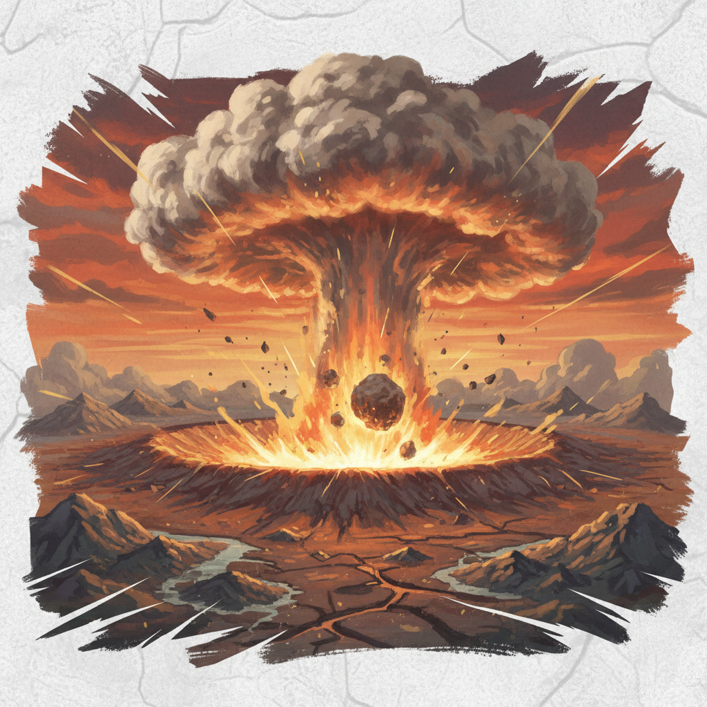 A massive asteroid striking Earth, huge impact crater, dust cloud rising, dramatic lighting, detailed illustration, textured background, no text