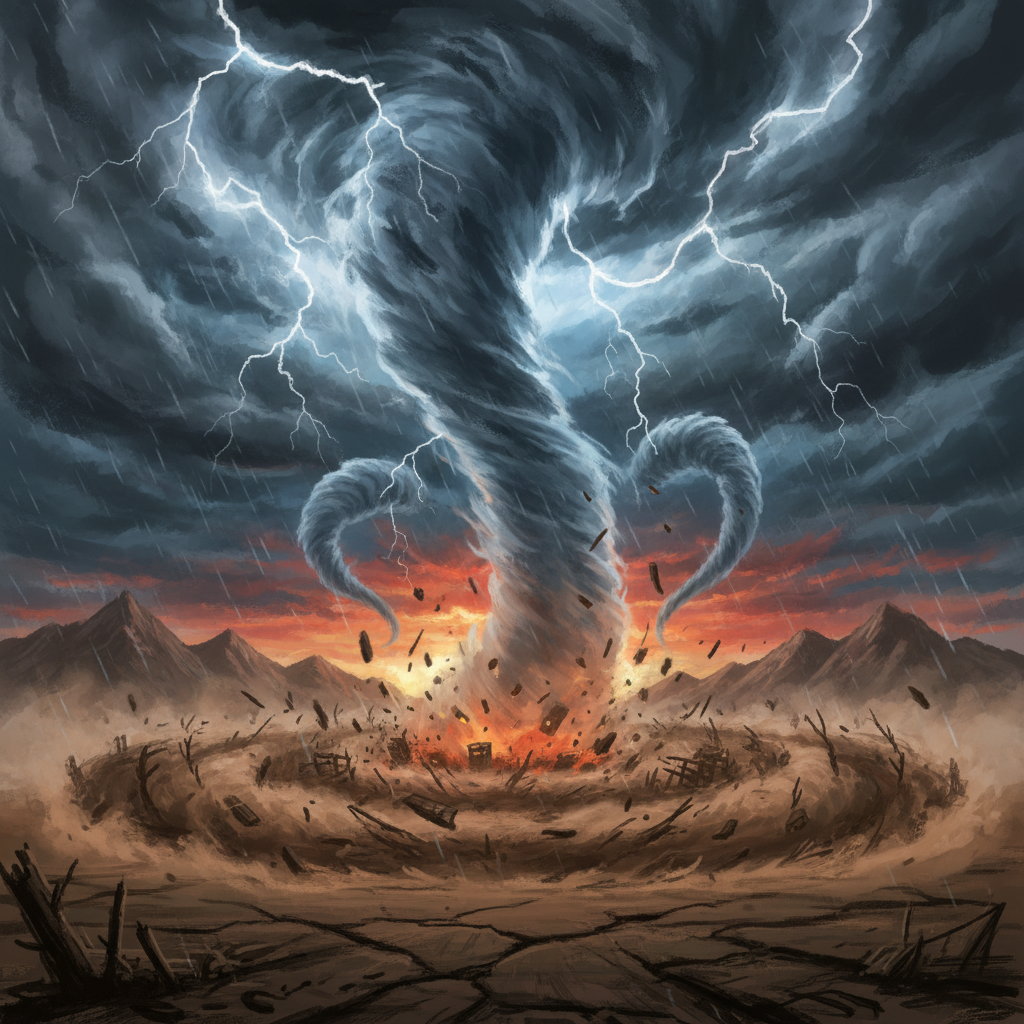 A dramatic illustration of a massive tornado funnel cloud descending from dark stormy skies, causing dust and debris to swirl. Emphasize the destructive power with a deep, textured background. No text.