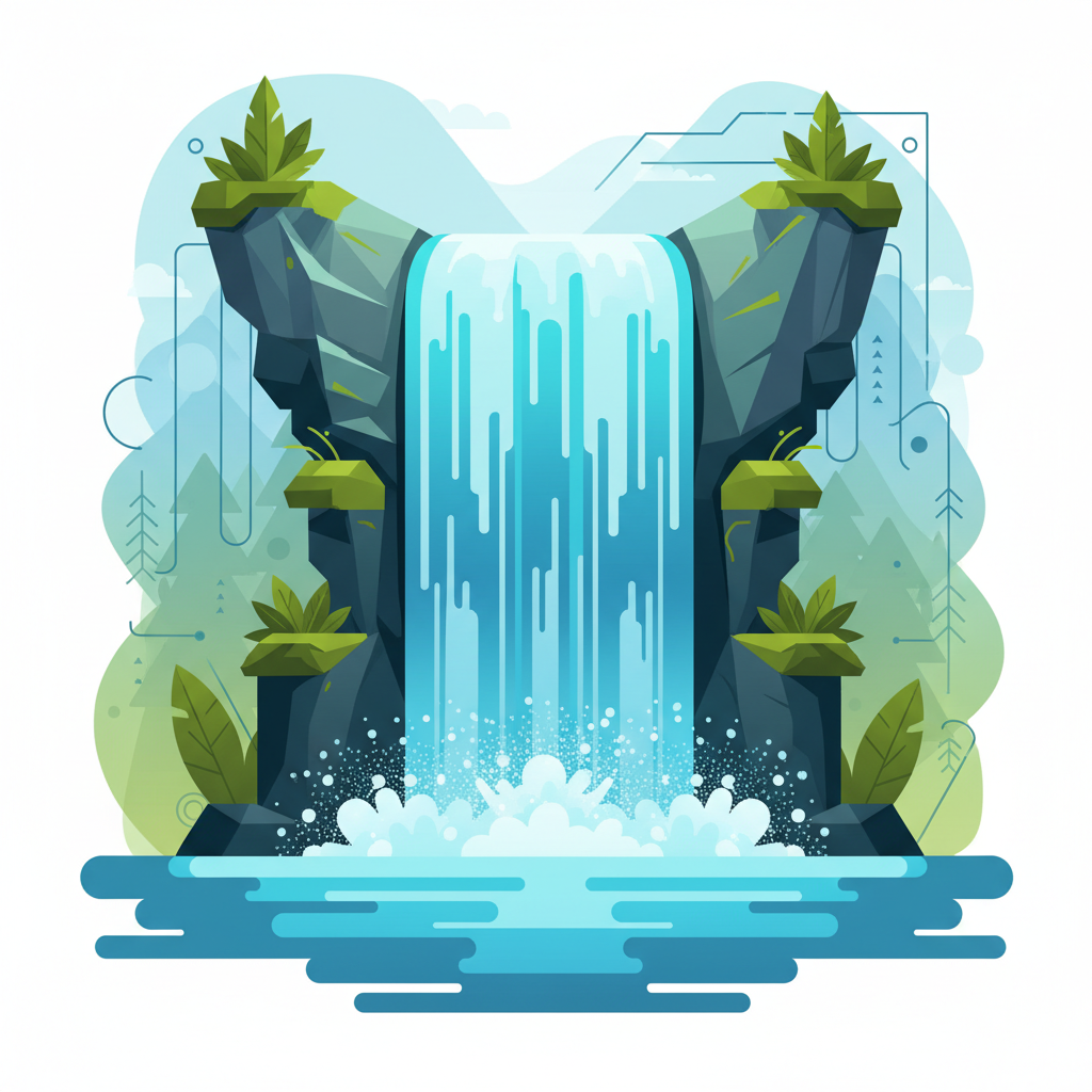 A magnificent waterfall with immense water flow, clean infographic style, modern layout, high contrast, vivid blue and green colors, textured background, no visible text, centered focus, visually rich