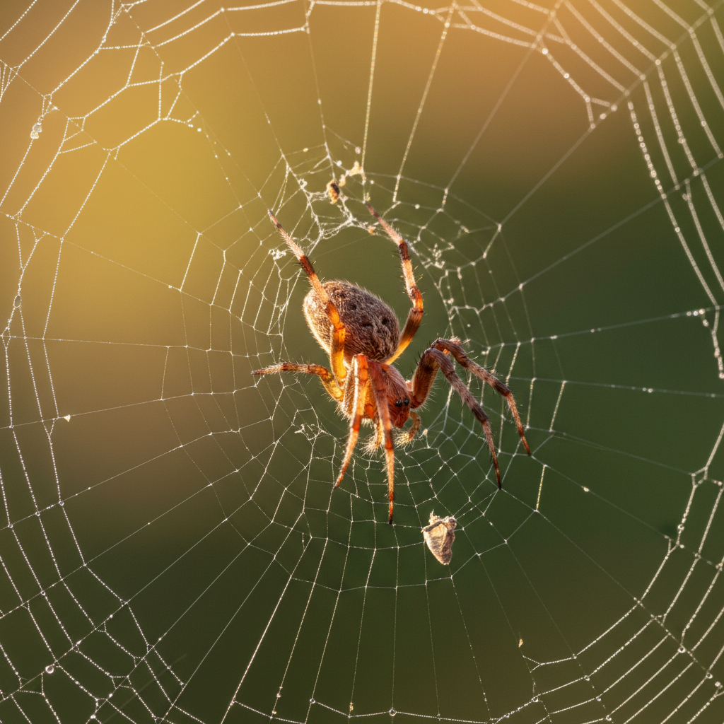 A dynamic close-up lifestyle photograph of a spider gracefully moving on its web, with some parts of the web visibly sticky and other parts non-sticky, bright lighting, textured gradient background, no visible text, centered focus, Korean appearance if any figures are present.