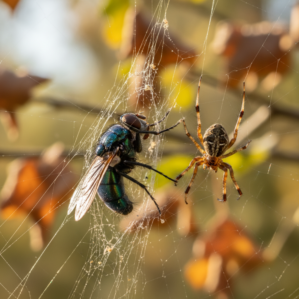 A realistic close-up photograph of an insect caught in a spider's sticky web, struggling to escape, detailed composition, natural setting, warm lighting, textured background, no text, centered focus.
