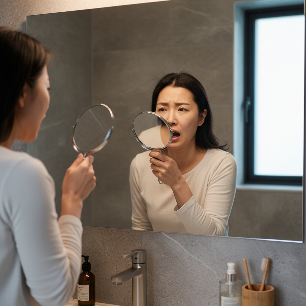 A Korean woman in her 30s looking at her reflection in a bathroom mirror, holding a small mirror to inspect her gums, a worried but determined expression, soft bathroom lighting, textured background, no text, lifestyle photography
