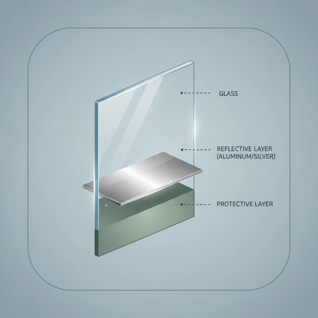 Detailed illustration of a mirror's cross-section showing three layers: glass, reflective layer (aluminum/silver), and protective layer, modern infographic style, textured background, no text