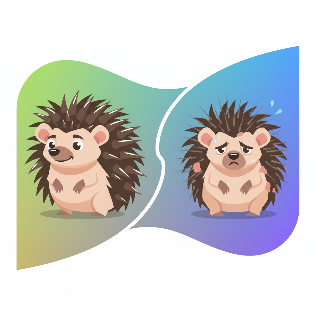 Clean infographic style image showing a healthy hedgehog with strong, glossy quills on one side, and a slightly stressed hedgehog with a few missing or weak quills on the other, modern layout, high contrast, colored gradient background, no text