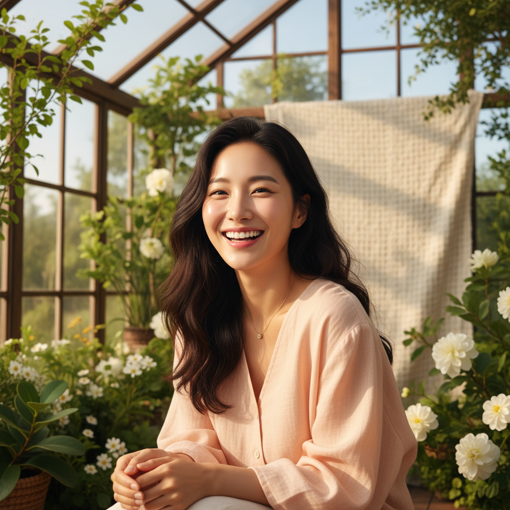 Lifestyle photography of a smiling Korean woman with radiant, healthy skin, looking energetic and youthful. The setting is bright and natural, perhaps a sunlit room or garden, with a soft, textured background. Centered focus, natural expression, no text.