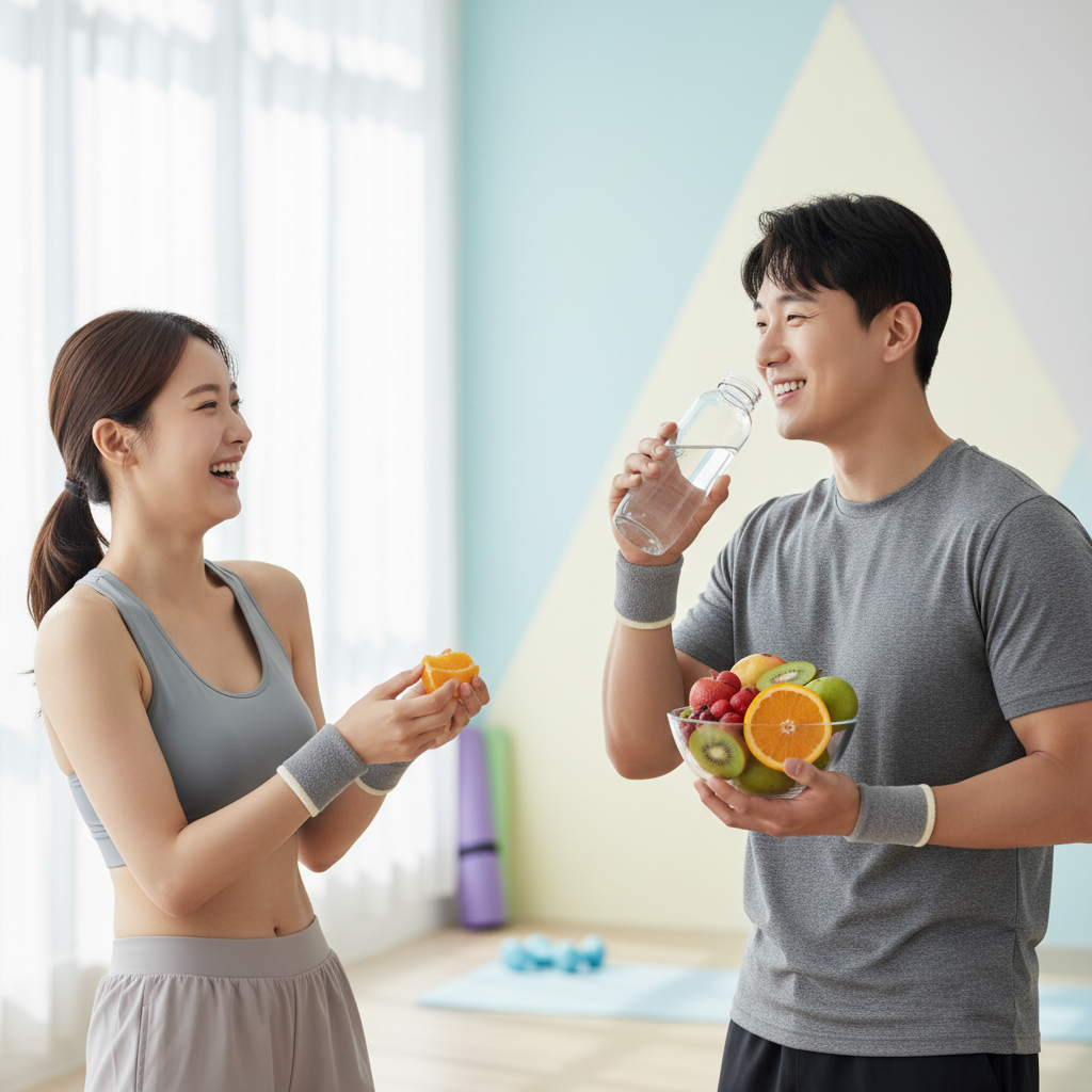 A Korean man and woman enjoying healthy activities like drinking water, eating fruits, and exercising, vibrant and positive atmosphere, bright lighting, colored and textured background, no text, lifestyle photography