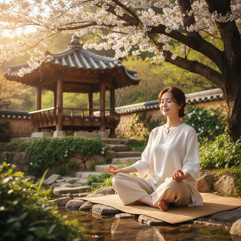 A serene scene of a Korean individual practicing mindfulness or light exercise in a bright, natural setting, lifestyle photography, warm lighting, natural setting, no text