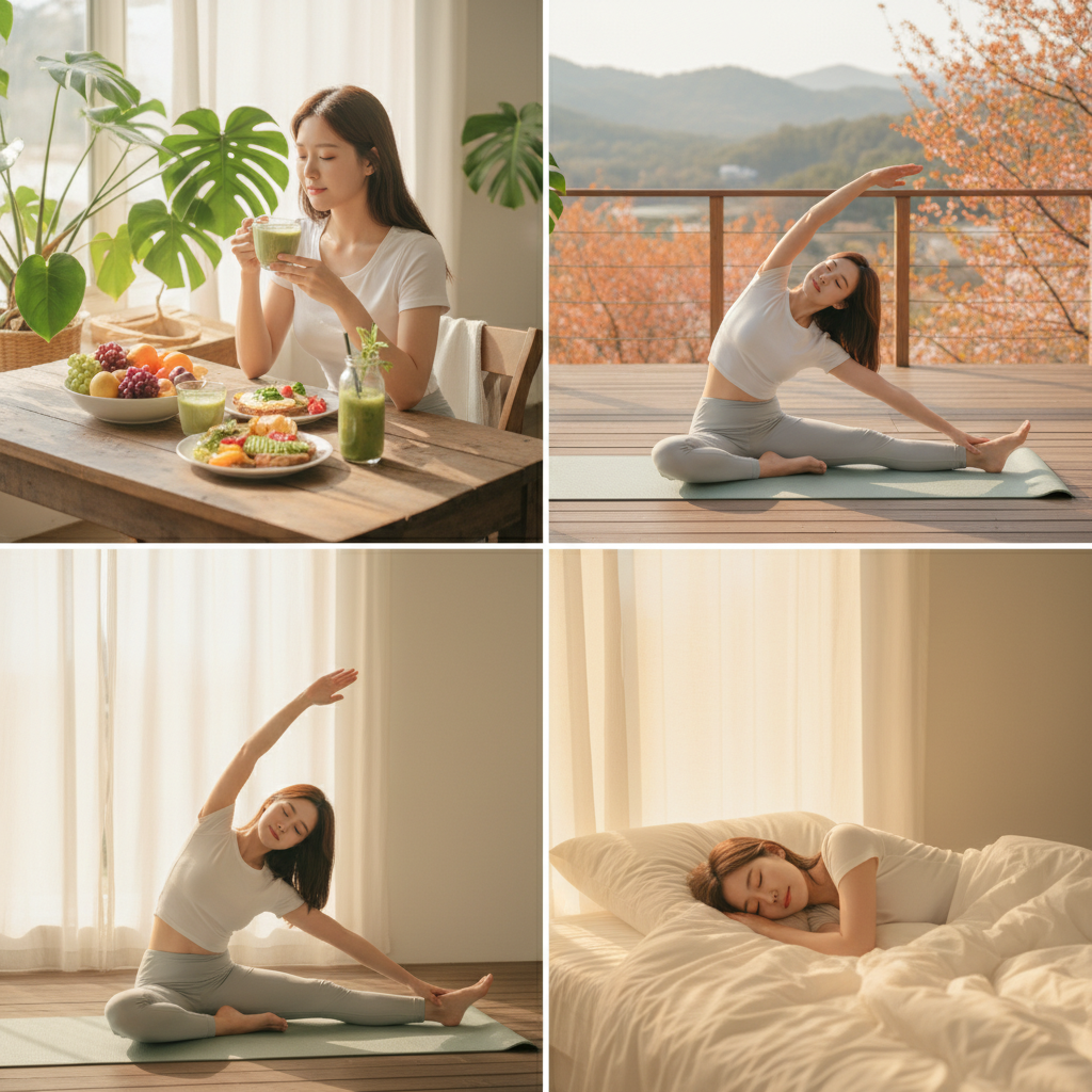 A vibrant lifestyle photography image of a Korean person engaging in healthy habits like balanced eating, light exercise, and quality sleep, bright and balanced lighting, natural setting with a warm, colored background, no text
