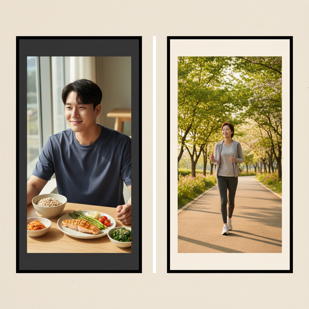 A Korean person enjoying a balanced meal with vegetables, protein, and whole grains, and another person taking a light walk outdoors, clean infographic, modern layout, high contrast, natural lighting, textured background, no text