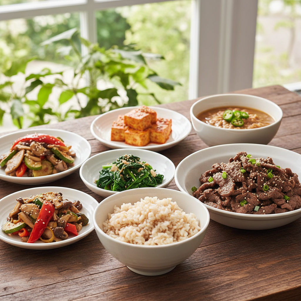 A vibrant still life of a healthy Korean meal featuring brown rice, various vegetables, and lean protein, lifestyle photography, natural setting, bright lighting, no text
