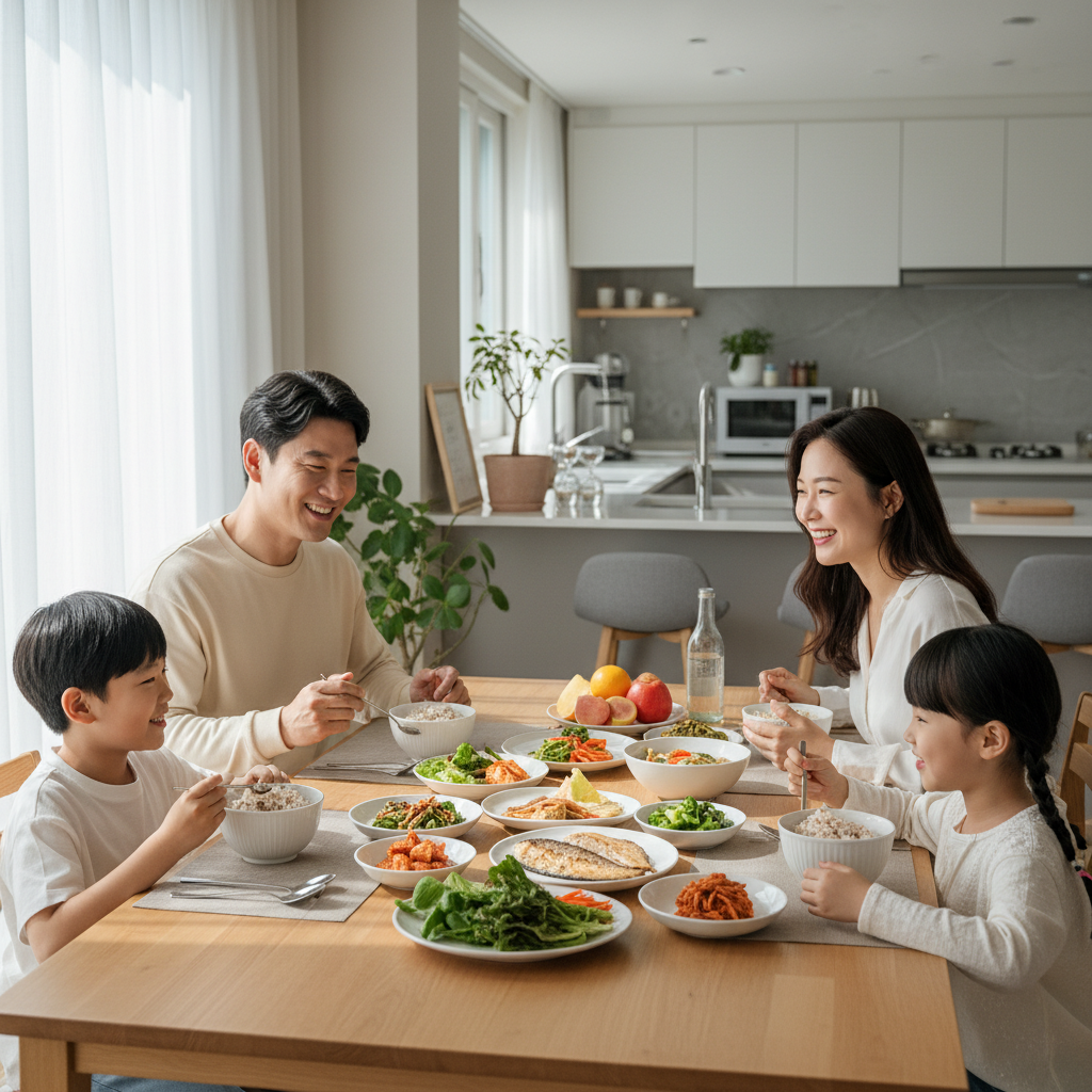 A Korean family enjoying a healthy meal together at a brightly lit dining table, fresh vegetables and balanced dishes, warm and inviting atmosphere, lifestyle photography, natural expressions, no text
