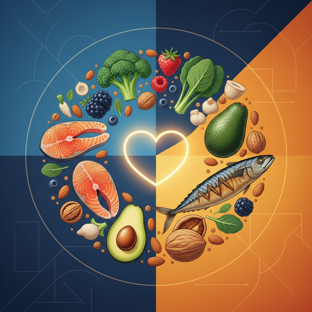 A vibrant, clean infographic showing a variety of healthy foods like fruits, vegetables, nuts, and fish arranged attractively, promoting a balanced diet for cholesterol management. Modern layout, high contrast, warm lighting, colored background, no text.