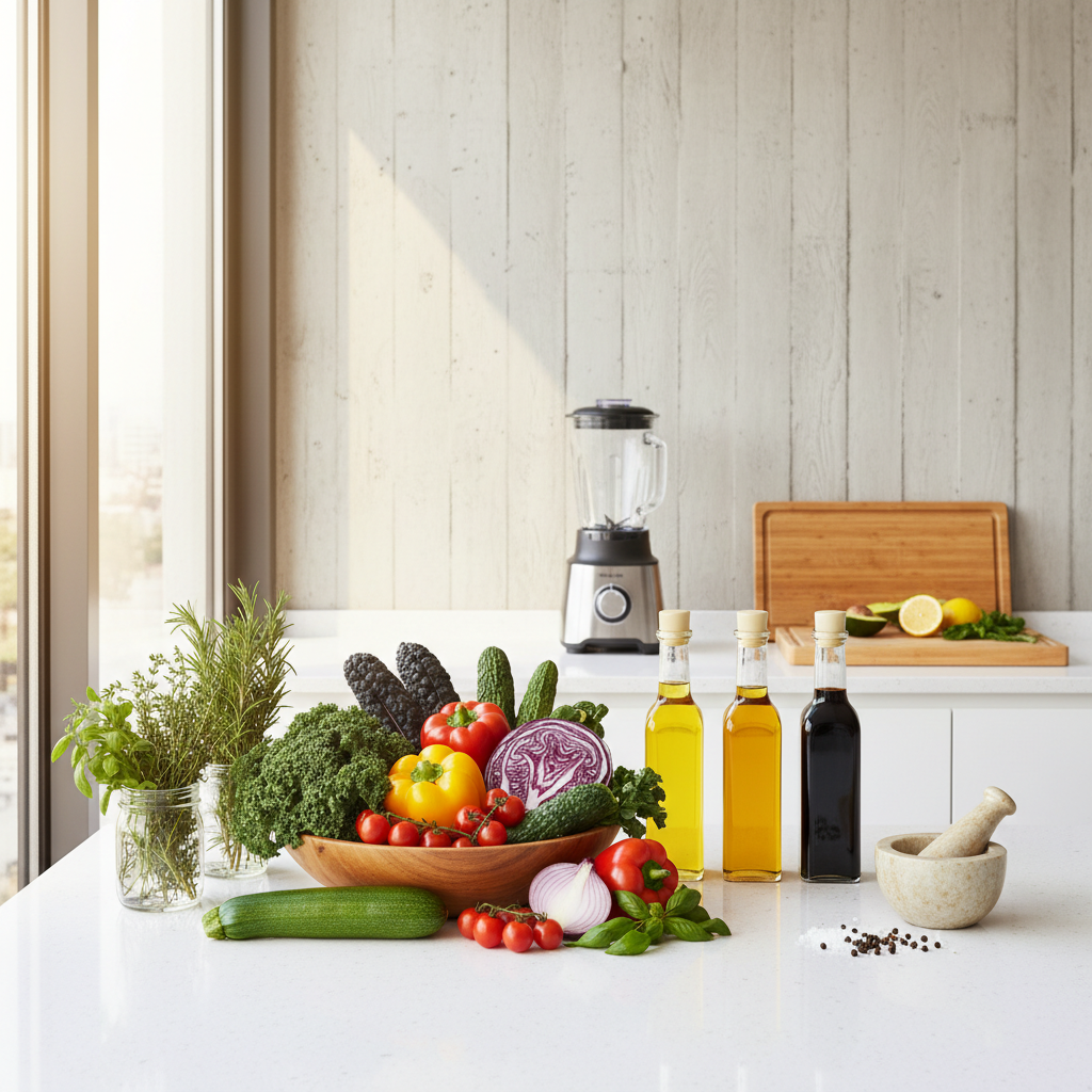 A clean, modern kitchen counter filled with various healthy food ingredients like fresh vegetables, herbs, and oils, suggesting a healthy cooking environment. The scene is well-lit with a bright, balanced illumination, creating an inviting atmosphere. No text or prominent branding is visible. Textured background.