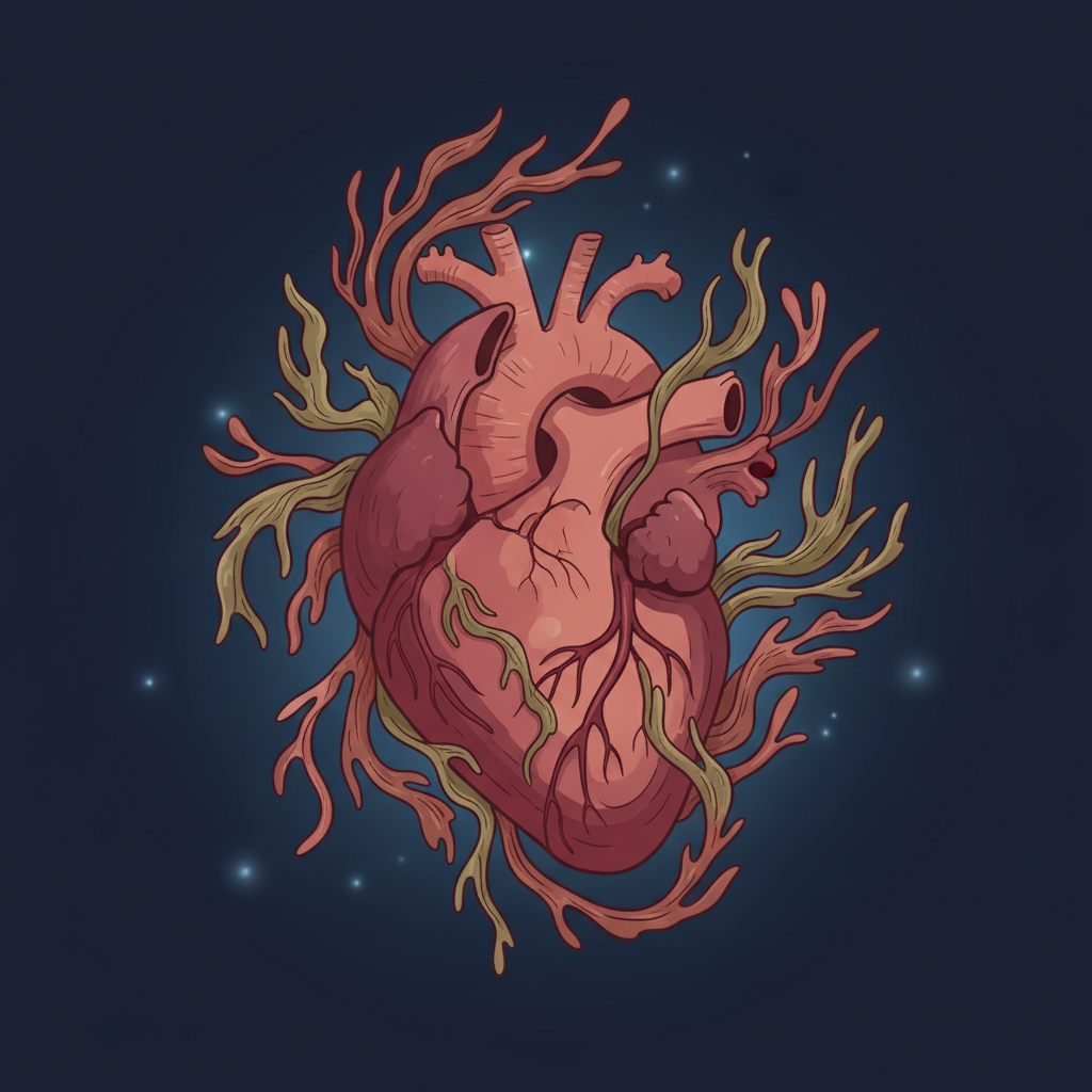 A stylized illustration depicting a healthy human heart intertwined with flowing strands of Seaweed Fulvescens, set on a dark blue background with soft ambient lighting, artistic rendering, no text