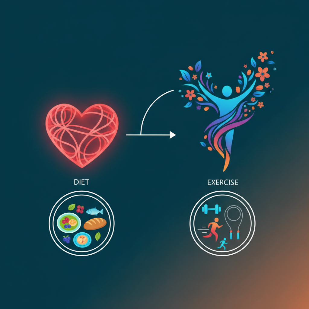 A clean infographic illustrating a healthy heart and vibrant life, incorporating elements of a balanced diet and regular exercise, modern layout, high contrast, colored background, no text