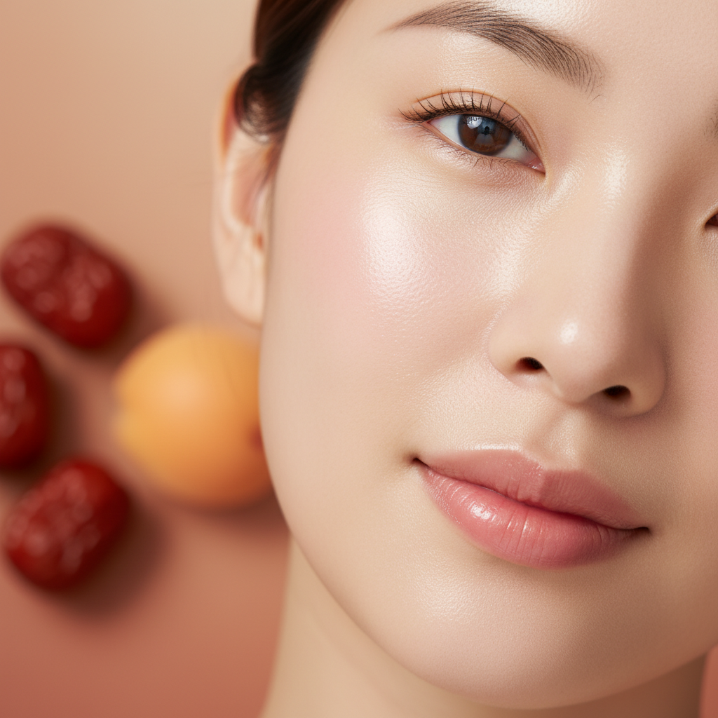 A close-up of a Korean woman's clear, radiant skin, with a subtle hint of jujubes in the soft-focused background, emphasizing natural beauty and health. Bright, balanced lighting, gradient background, lifestyle photography, aspect ratio 1:1