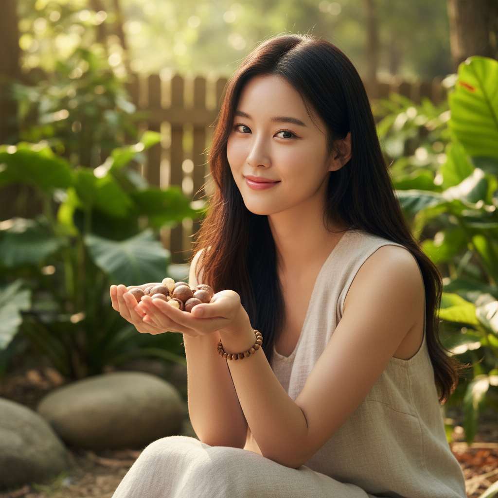Lifestyle photography of a woman with radiant skin, gently holding macadamia nuts, natural setting with soft lighting, Korean appearance, no text.