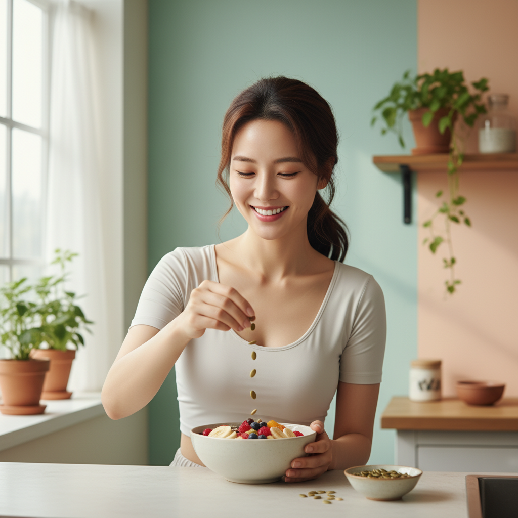 A healthy Korean woman looking vibrant and energetic, enjoying a morning routine with pumpkin seeds, bright and balanced lighting, colored background, no text
