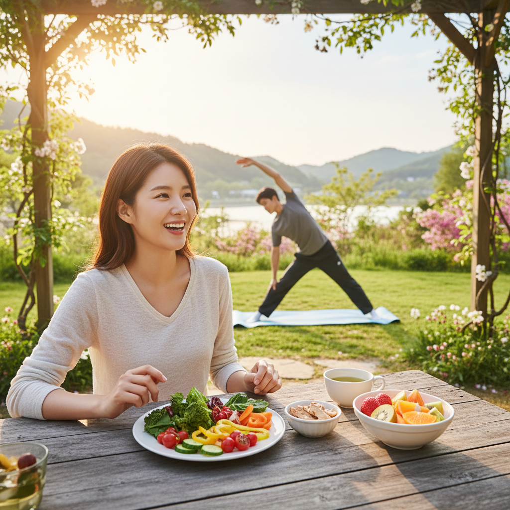 A vibrant scene of a Korean person enjoying a balanced meal with fresh vegetables and fruits, and another person doing light exercise outdoors, healthy lifestyle photography, bright lighting, natural background, no text.