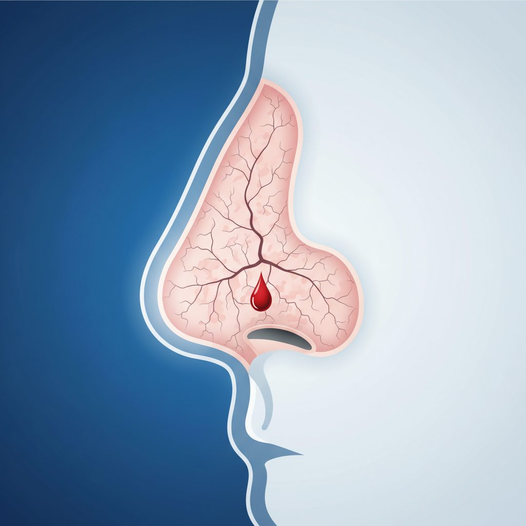 A clean infographic showing the nasal cavity becoming dry, with tiny cracks and a drop of blood appearing. Modern layout, high contrast, blue and white gradient background, no text.